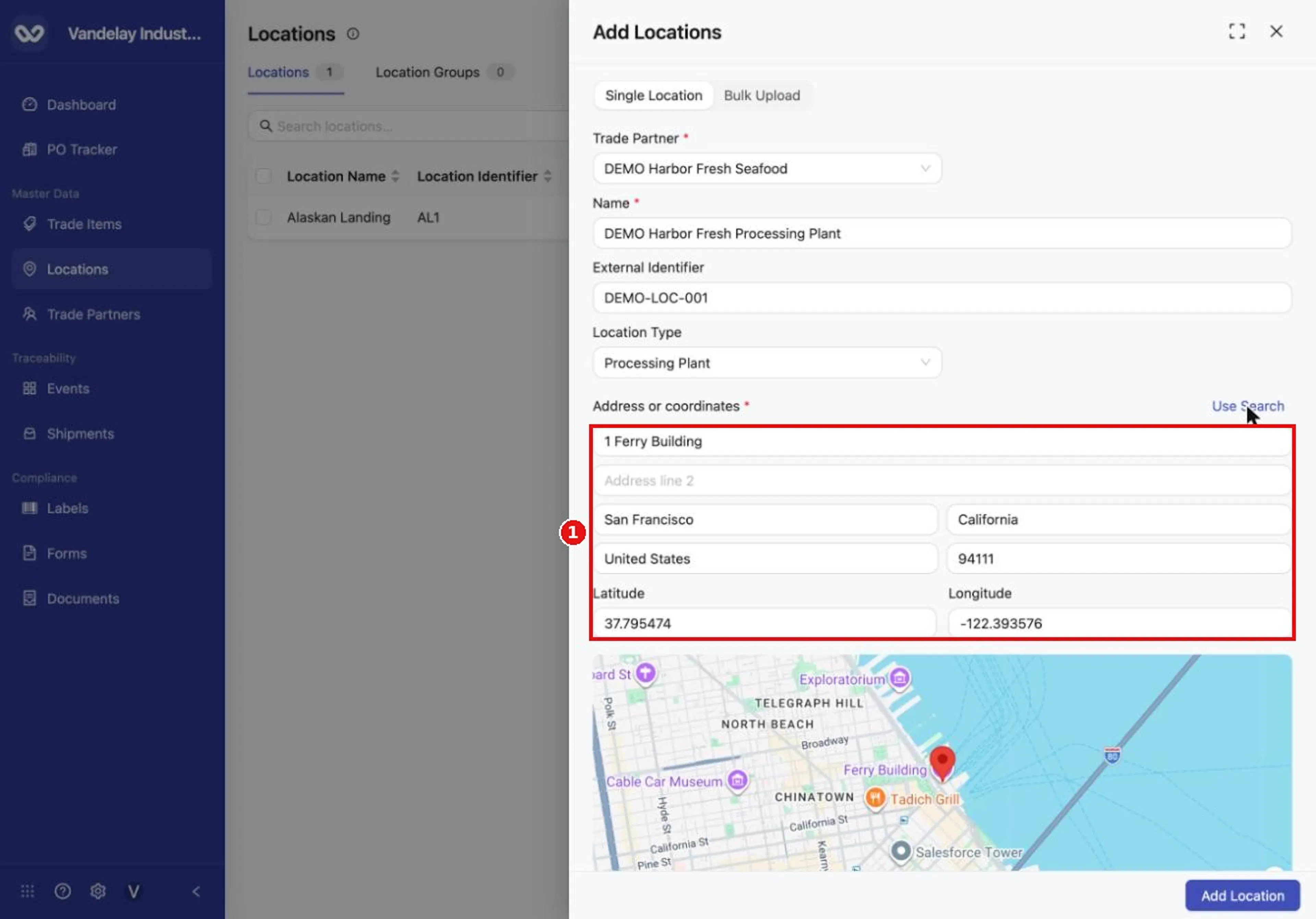 In manual mode, the address fields and coordinates are filled in for you after a search. You can edit them.