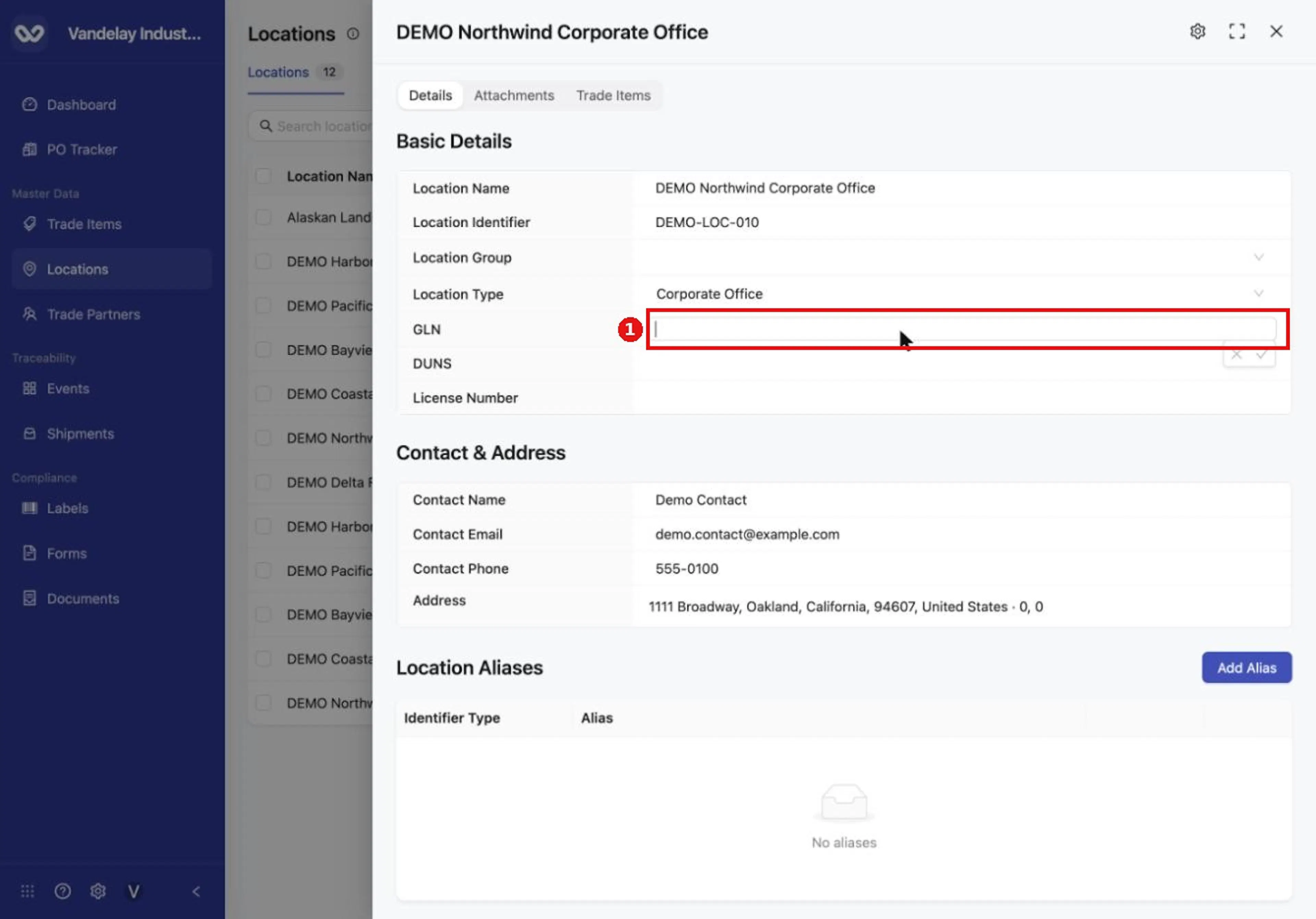 Select a field, such as GLN, to edit it in place.