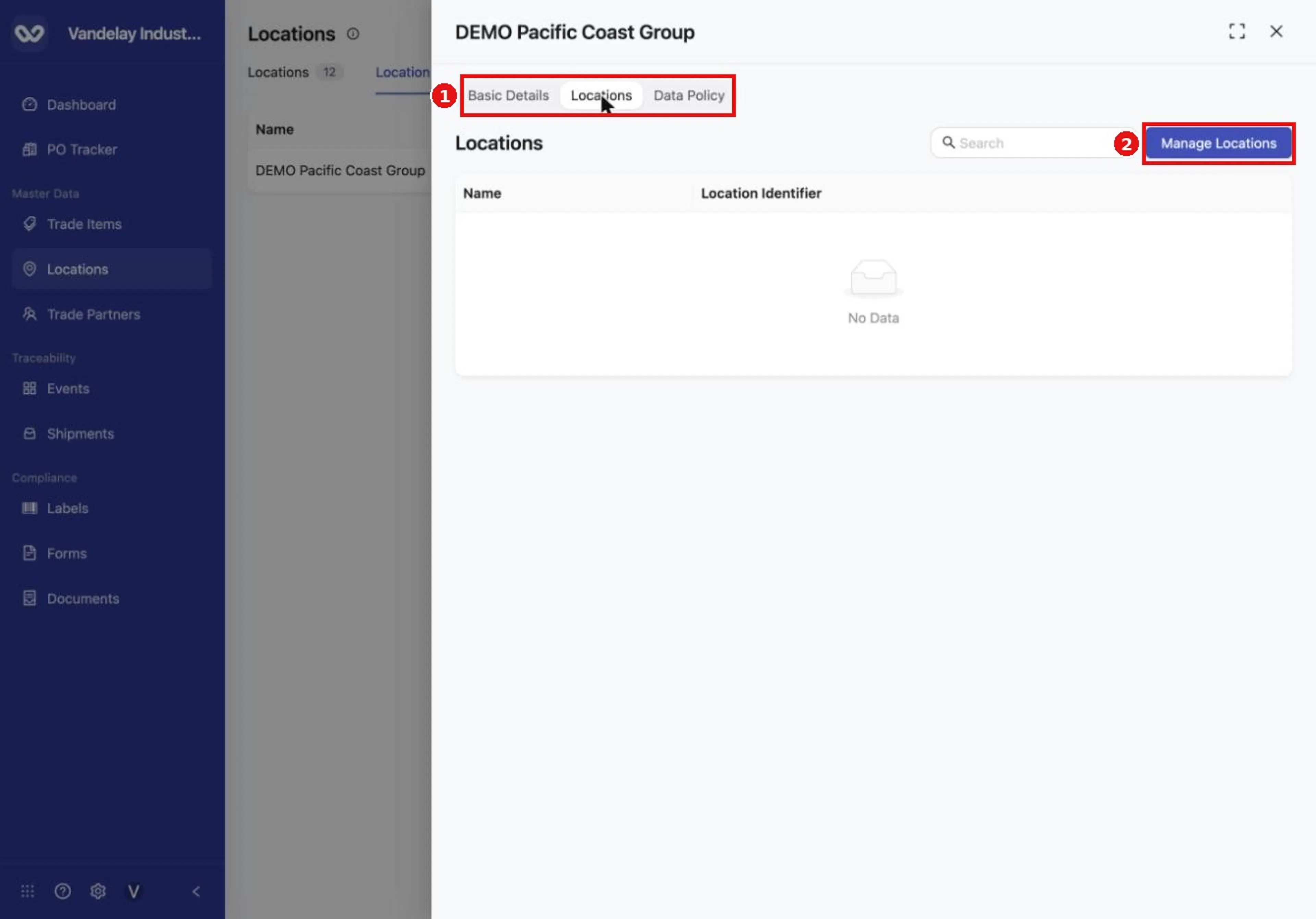 Open the Locations tab and select Manage Locations to add locations to the group.