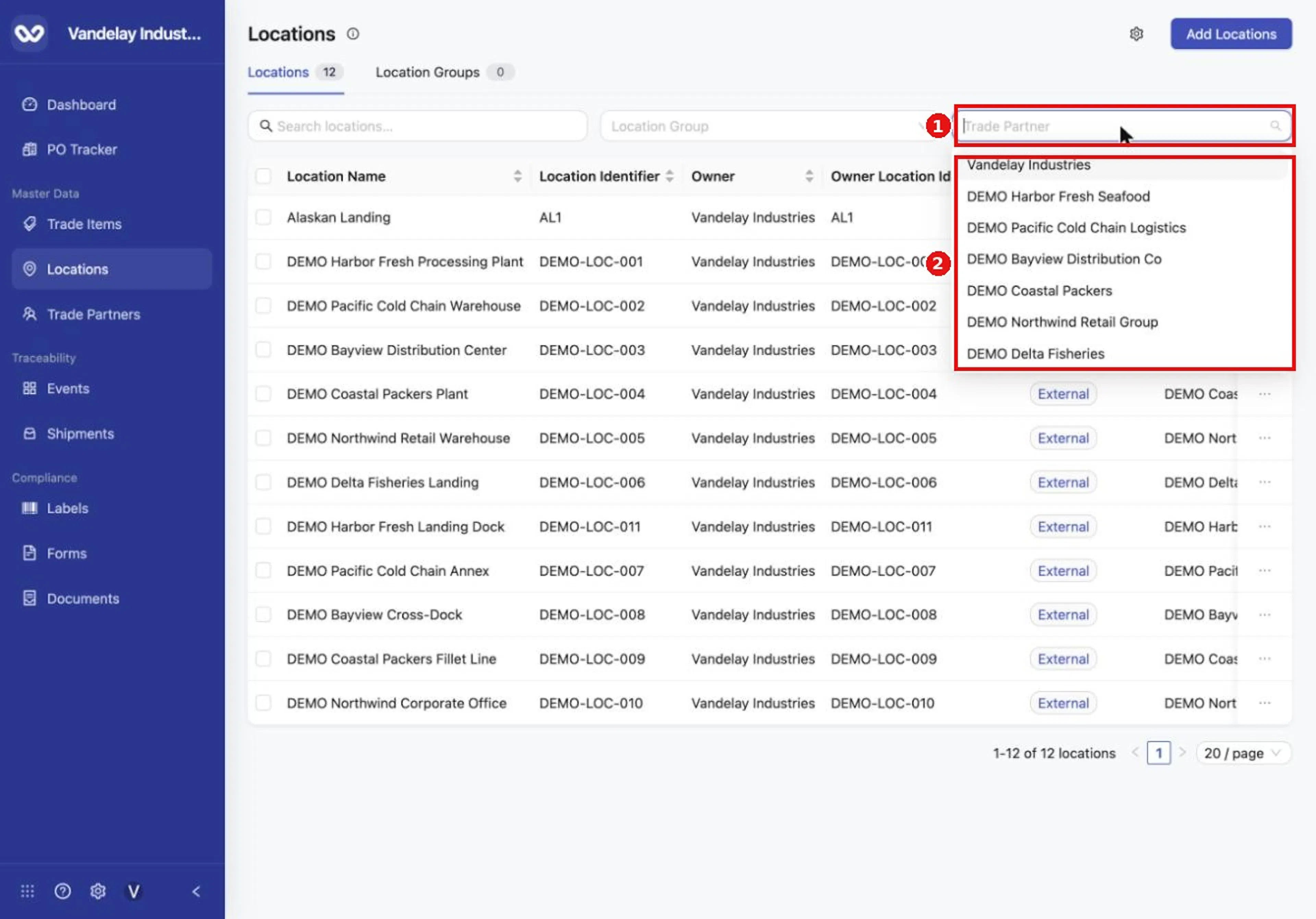 Use Trade Partner to filter locations by the company they belong to.