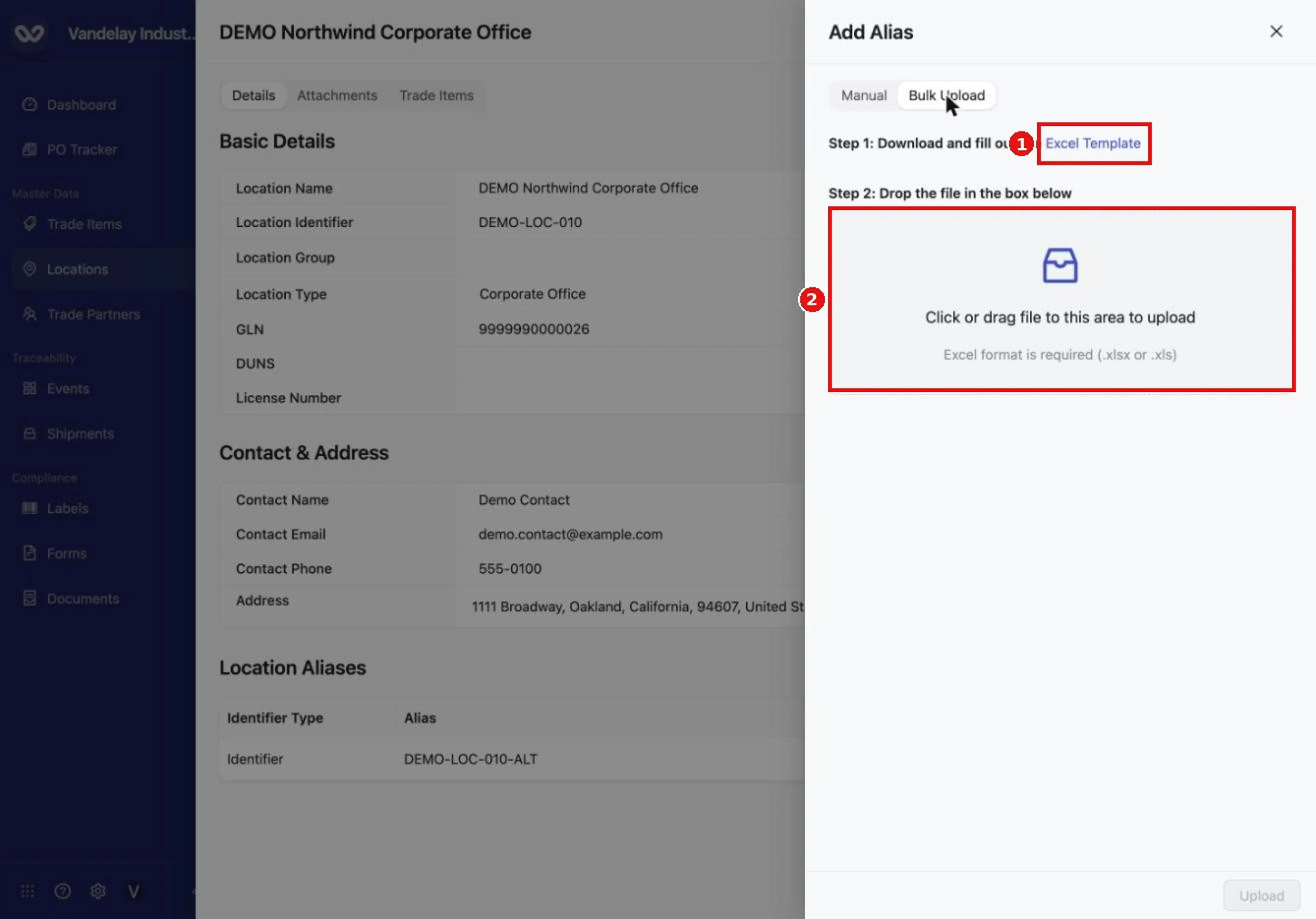 The alias drawer also has a Bulk Upload tab.