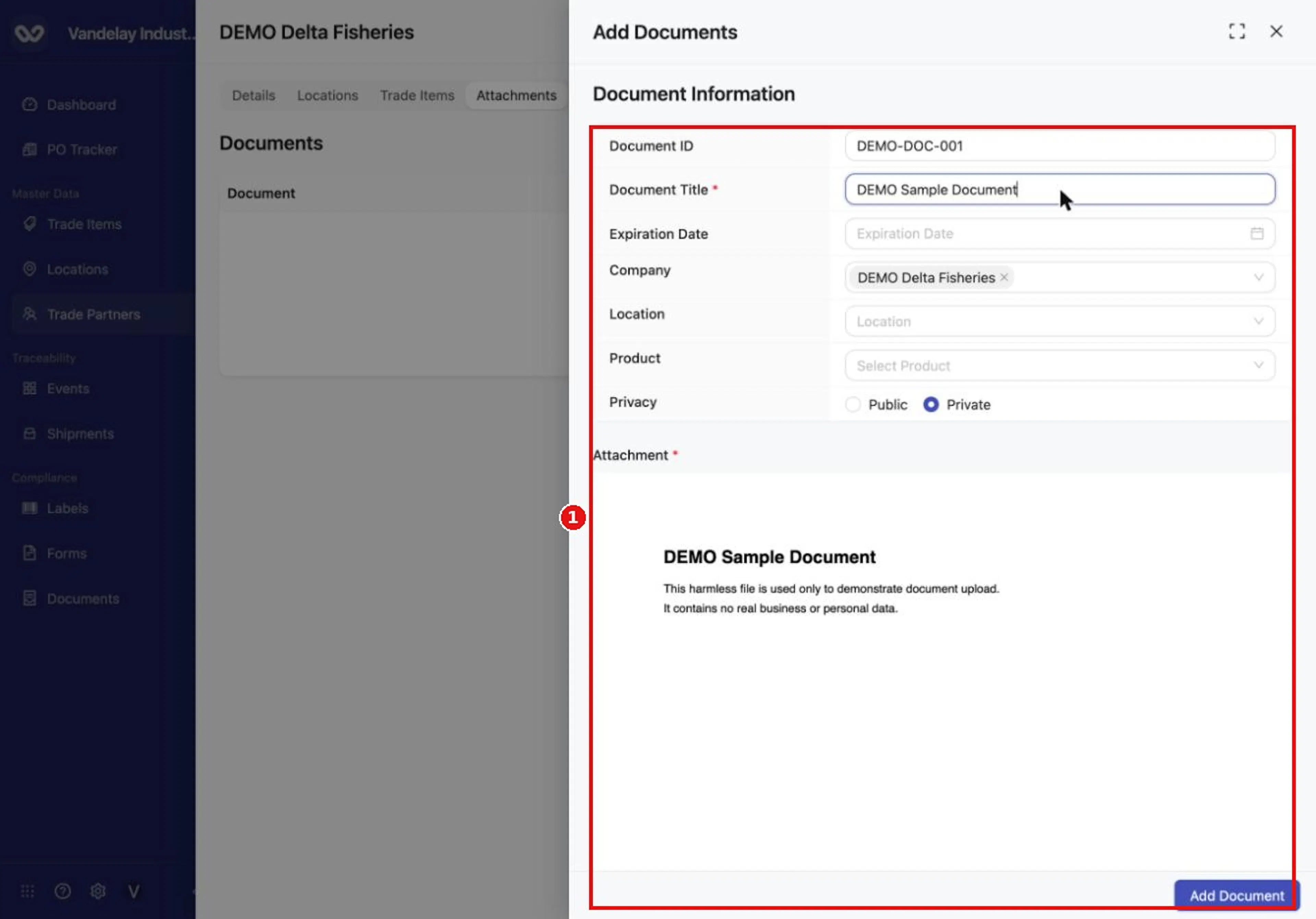 Fill in the document title, choose privacy, and attach a file. Document Title and Attachment are required.