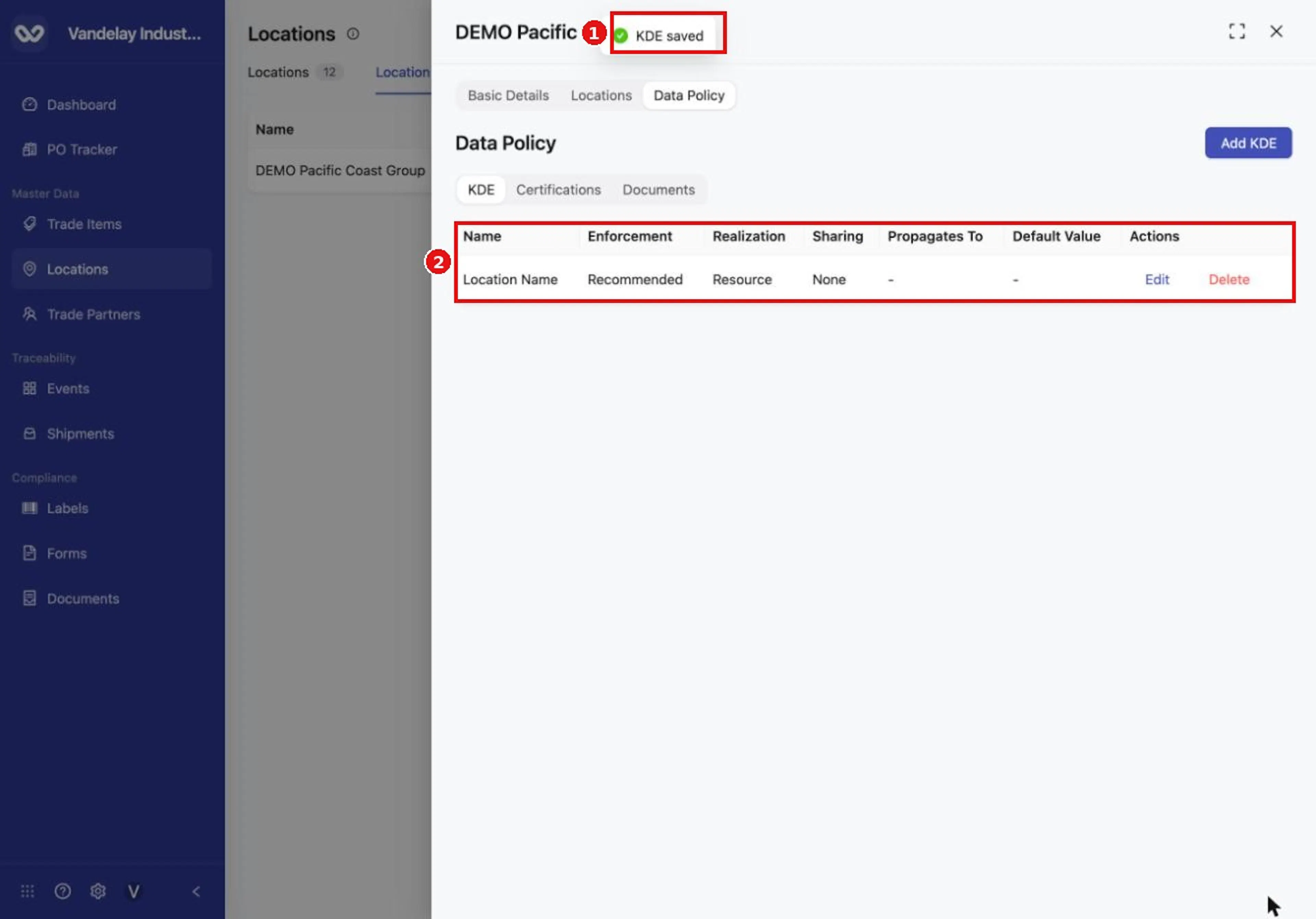 The saved field appears in the group's Data Policy table with Edit and Delete actions.