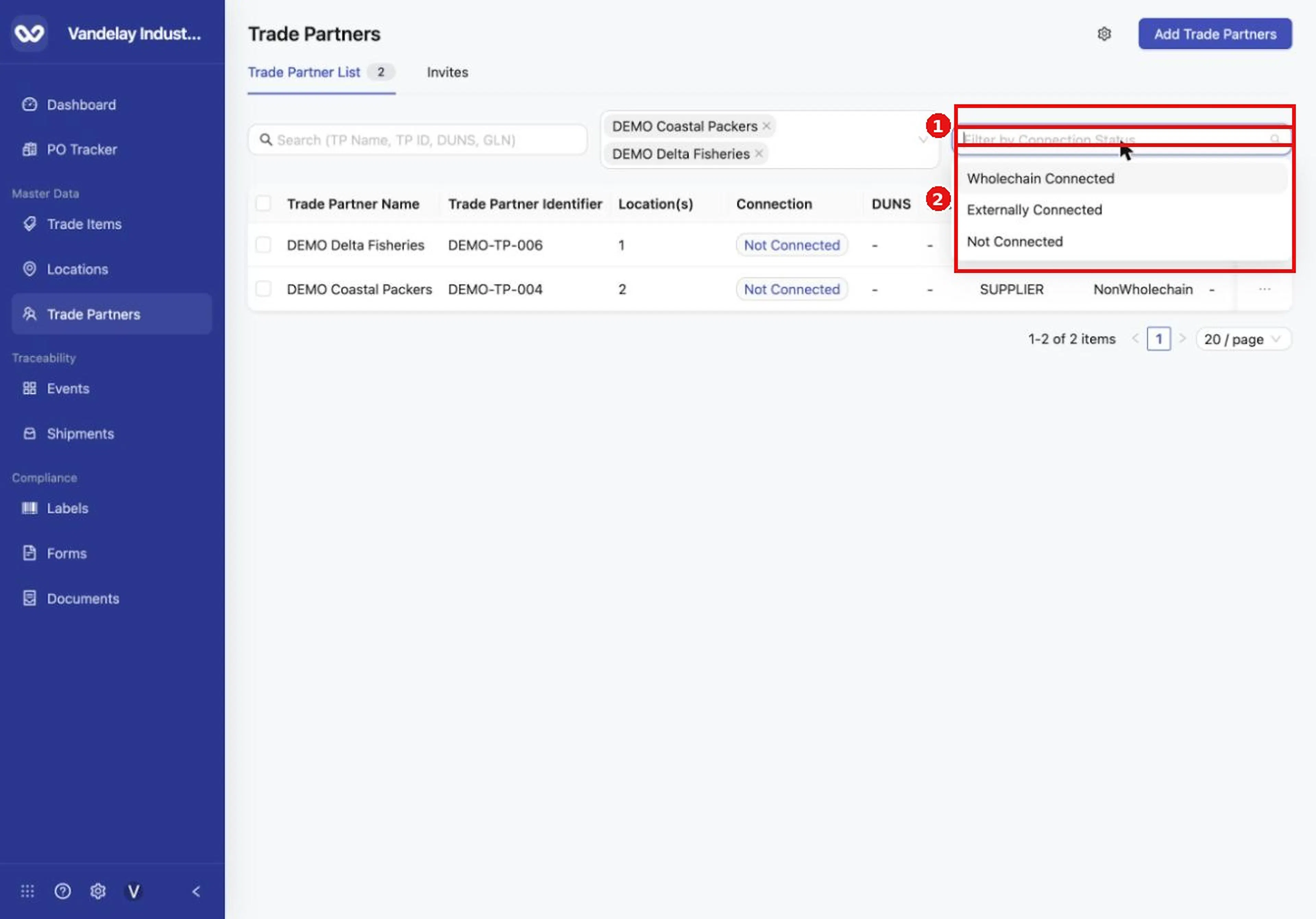 Filter by connection status: Wholechain Connected, Externally Connected or Not Connected.