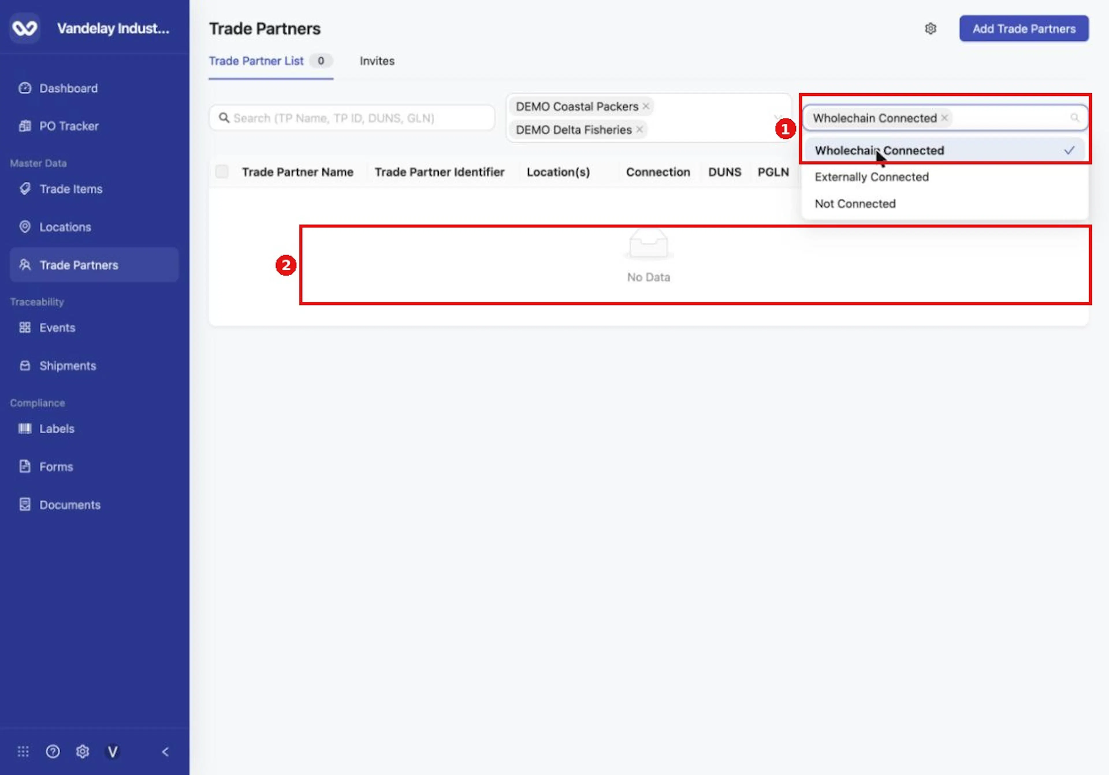 Filters work together. If no trade partner matches every filter, the list shows No Data.