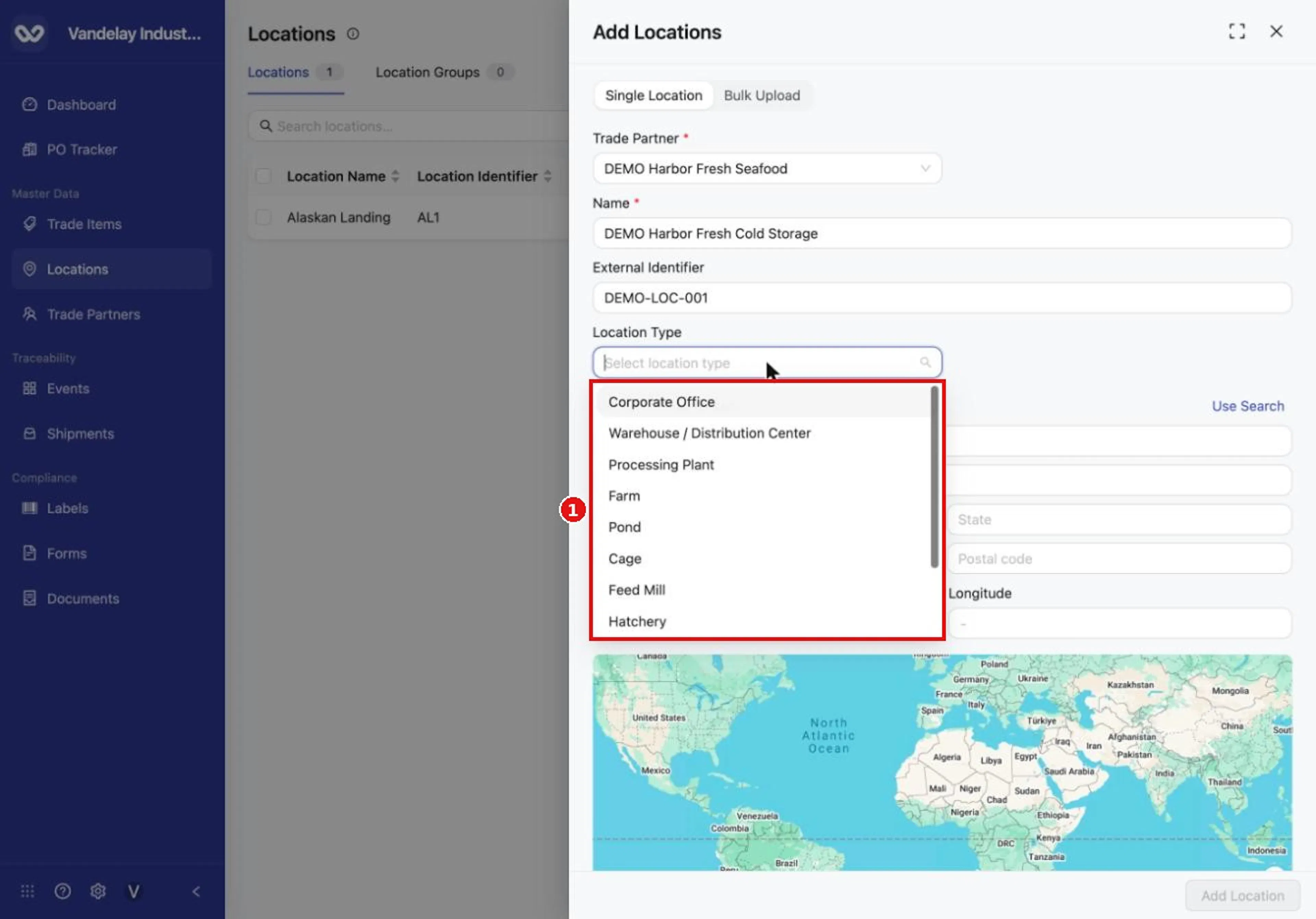 Location Type lists the kinds of location, such as Corporate Office, Warehouse / Distribution Center and Processing Plant.