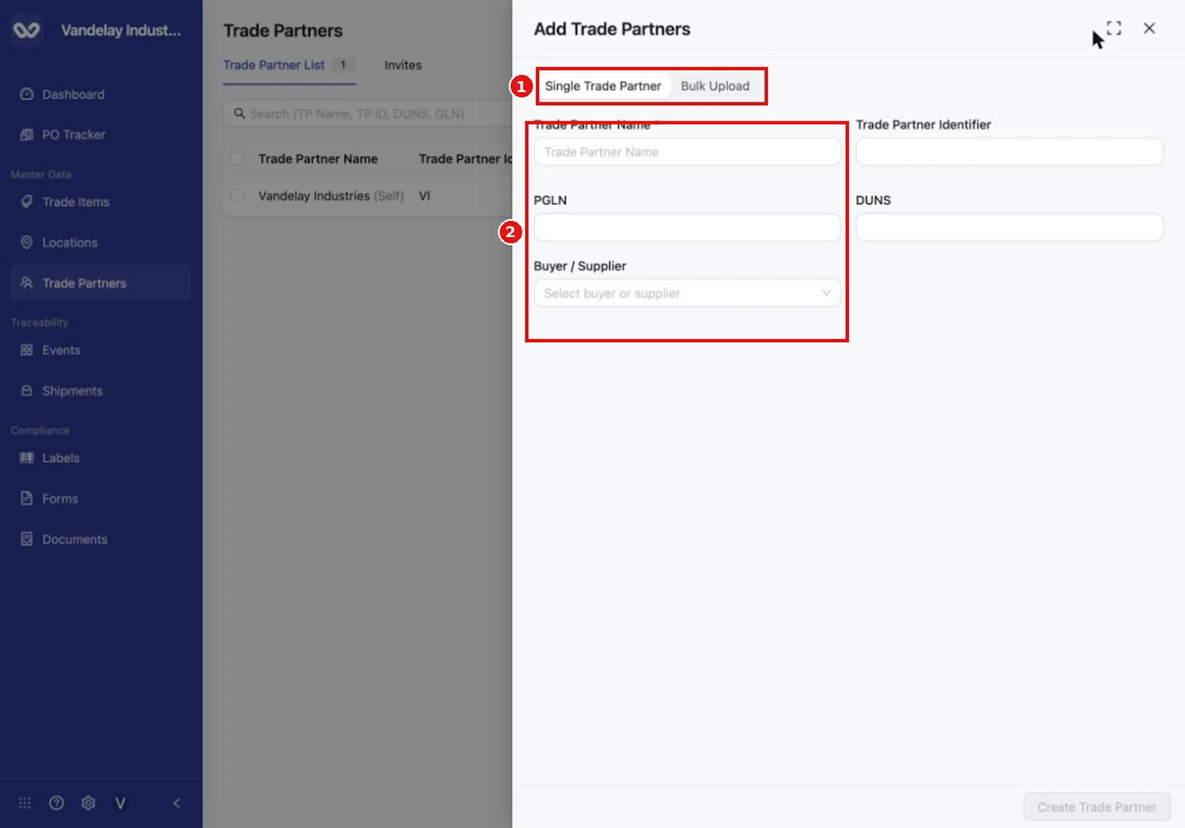 Choose Single Trade Partner to add one company with a form, or Bulk Upload to add many from a spreadsheet.