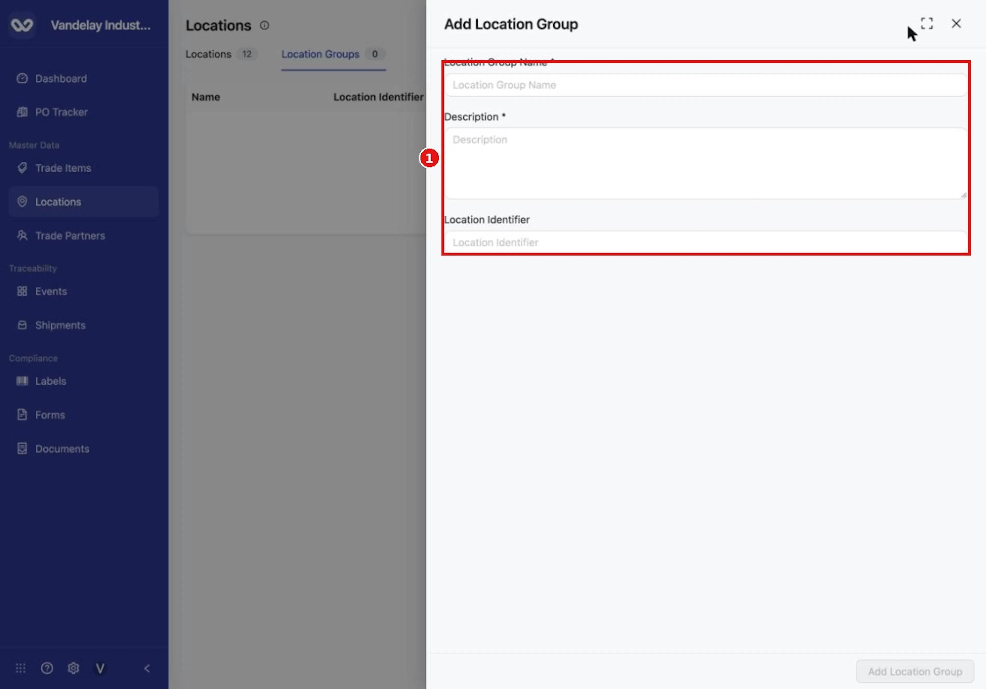 Add Location Group asks for a name, a description and an identifier.