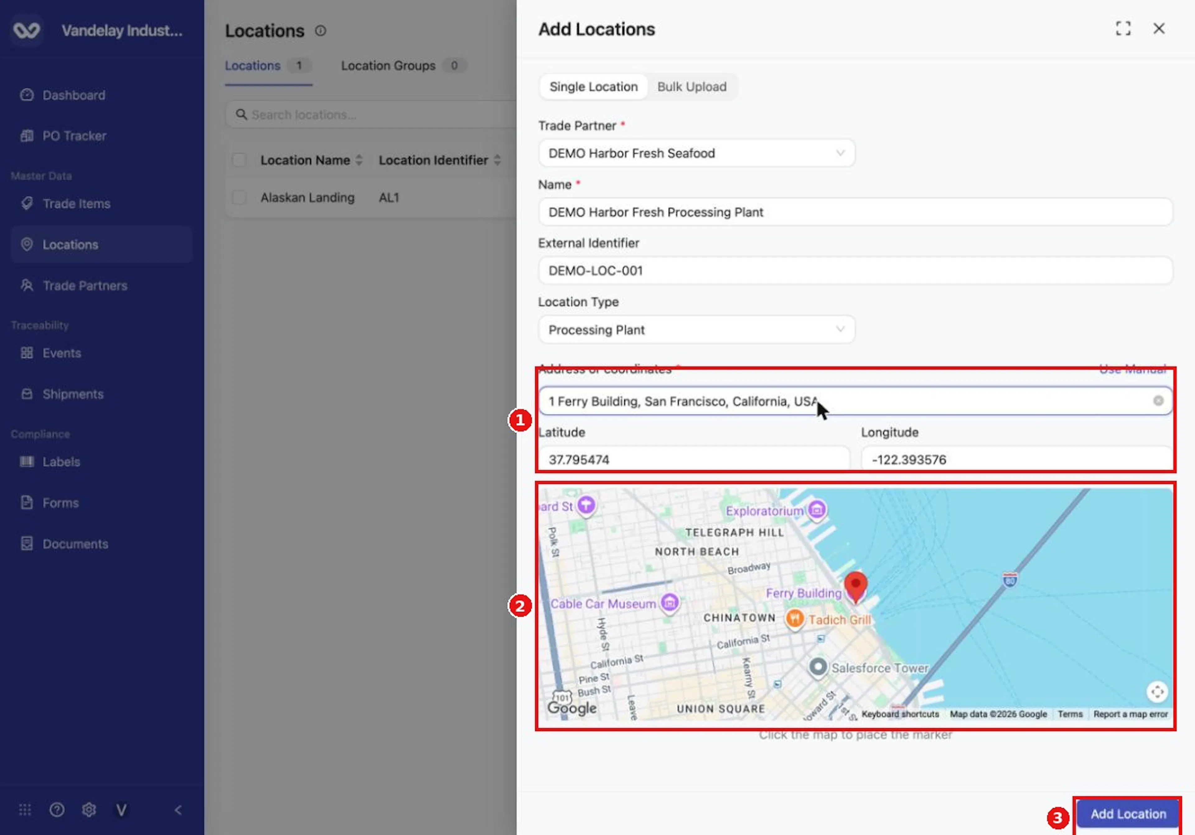 The address, latitude, longitude and map pin fill in. Select Add Location.