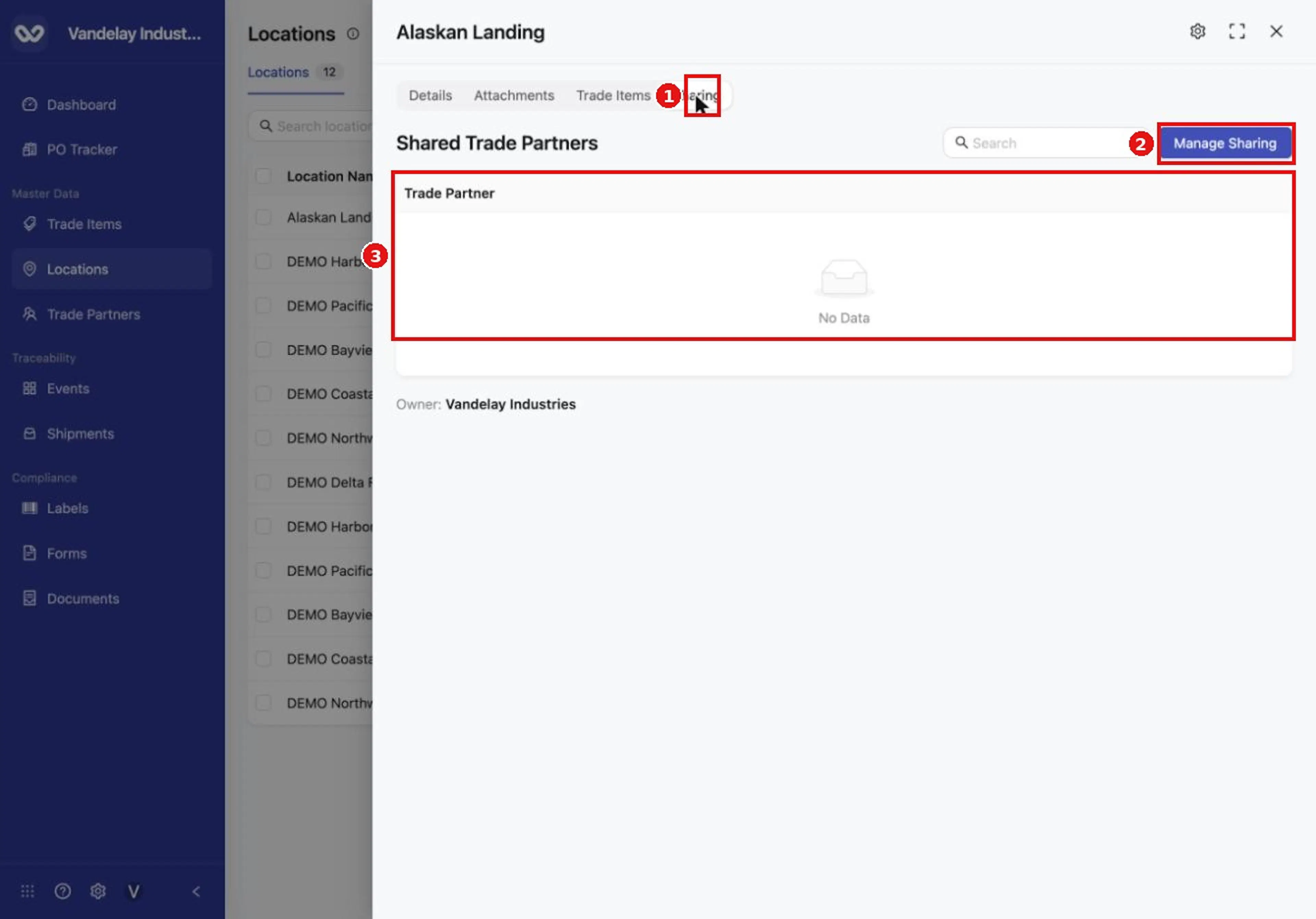 The Sharing tab shows which trade partners can see this location. The Manage Sharing button is at the top right of the tab.