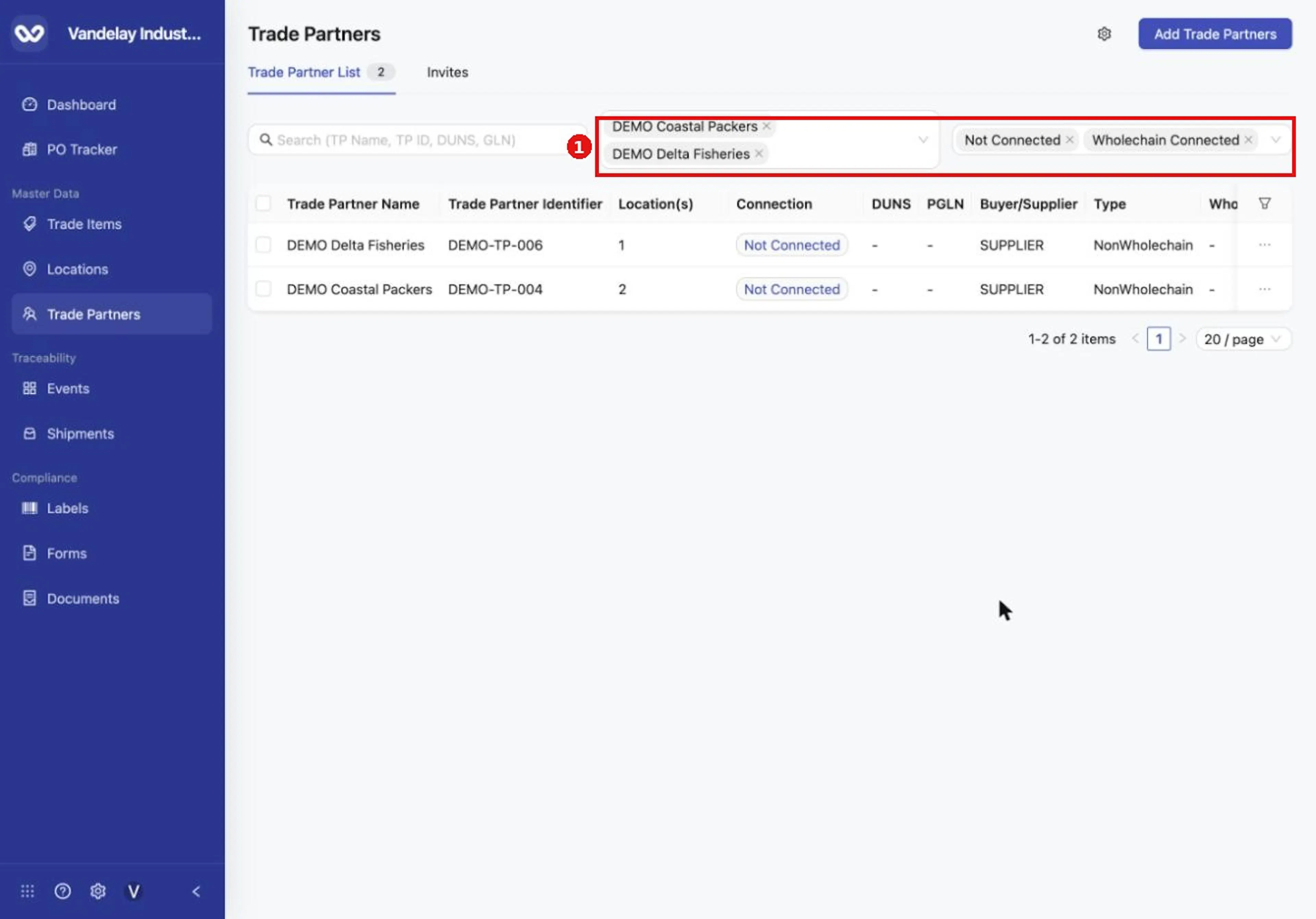 Select two statuses to see trade partners that match either one.