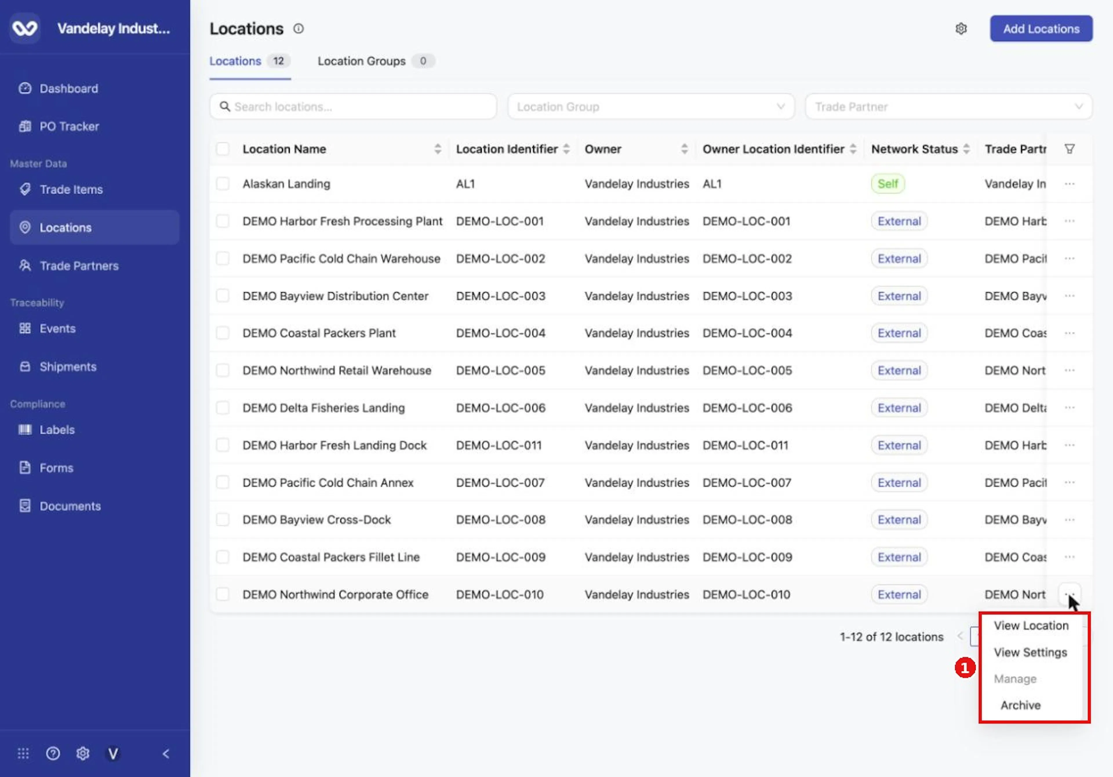 Each row has a menu with View Location, View Settings and Archive.