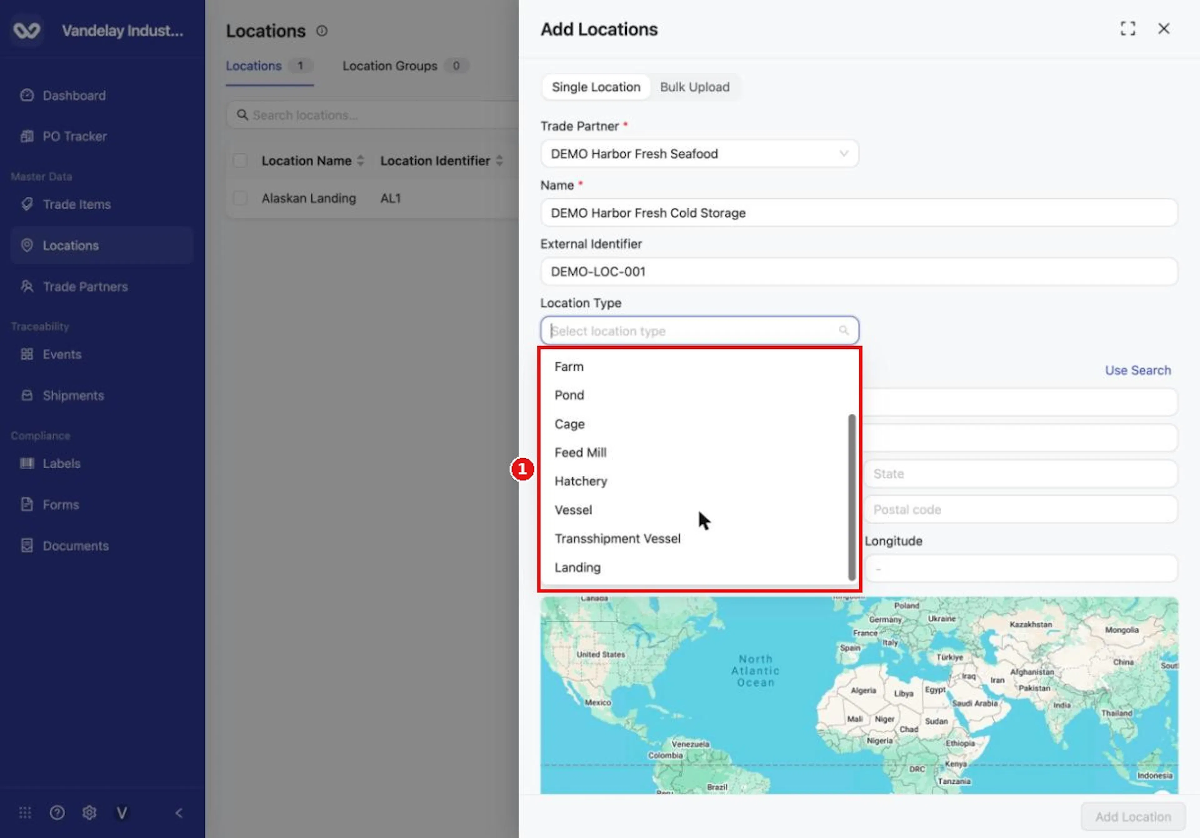 Scroll the list to see the rest, including Vessel, Transshipment Vessel and Landing.