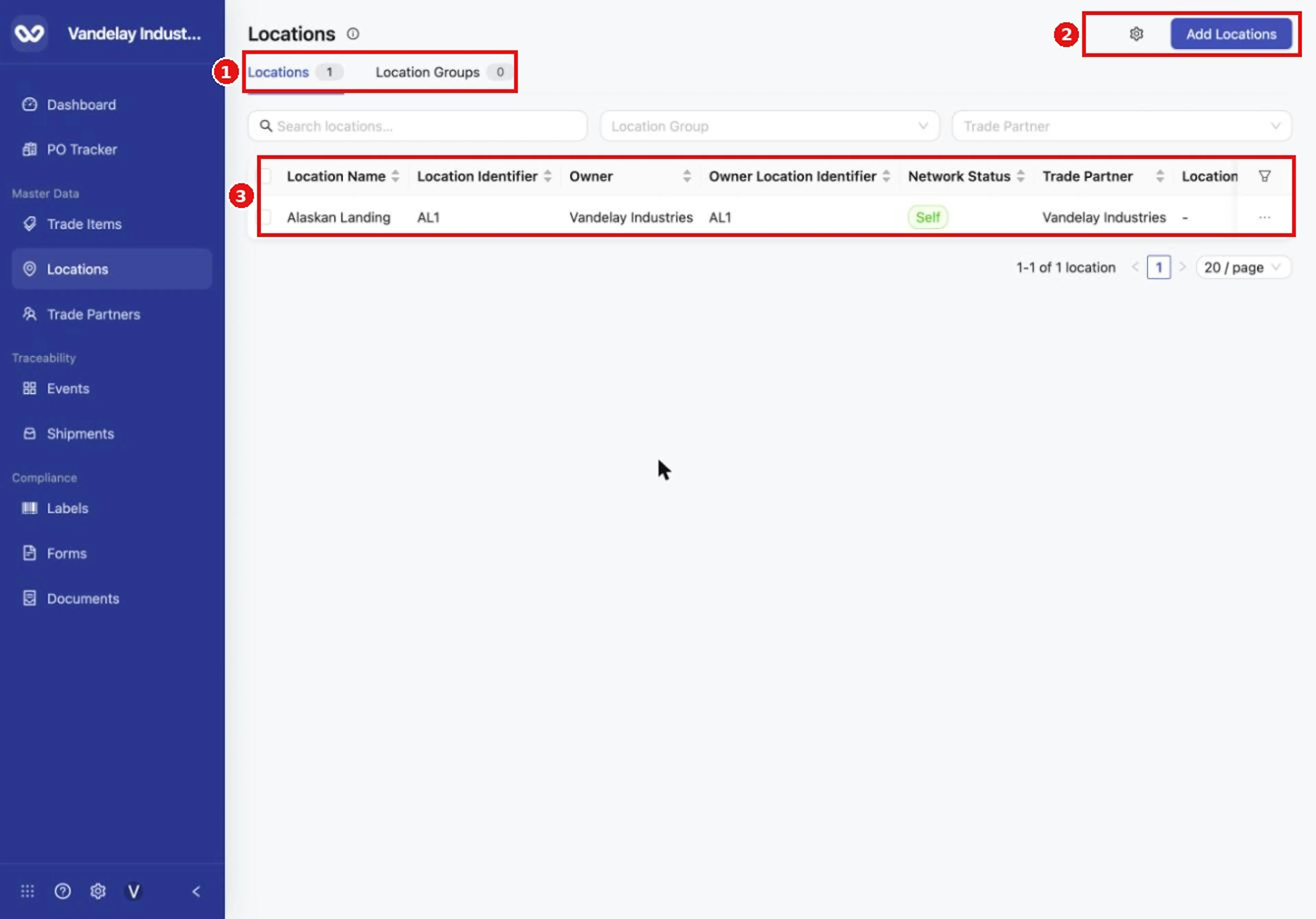 The Locations page lists every location in your network. Locations and Location Groups are separate tabs.