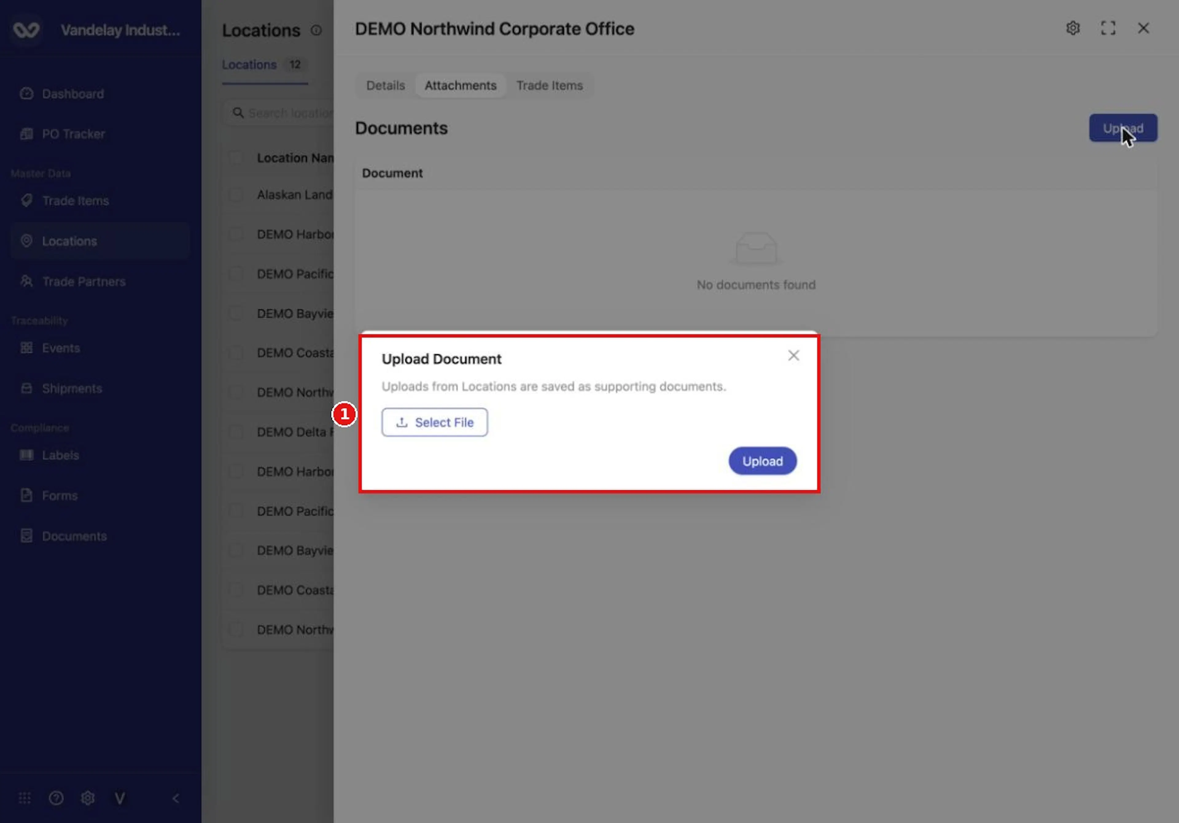 Select Upload to open the Upload Document dialog, then select Select File.