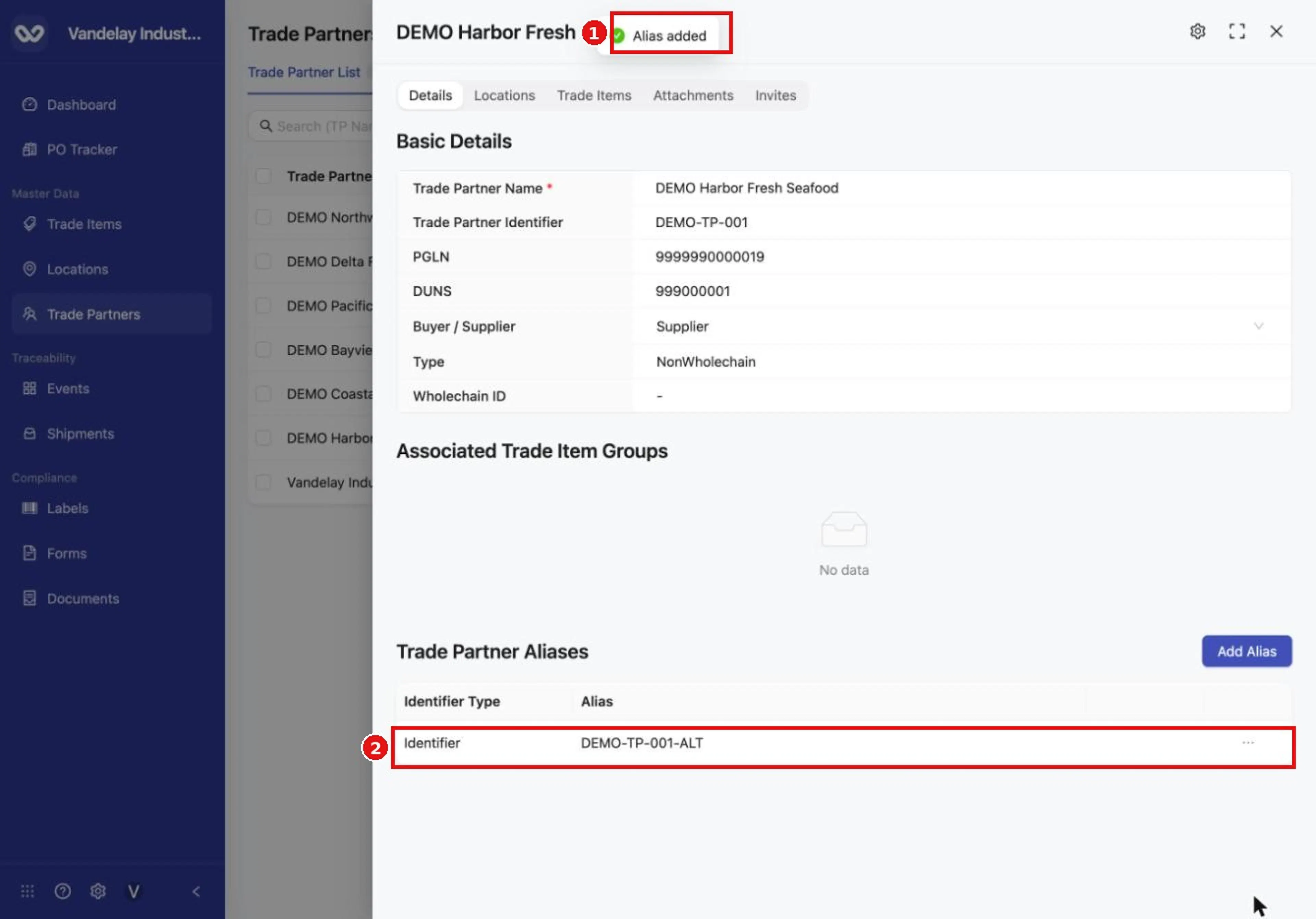 The alias appears in the Trade Partner Aliases table.
