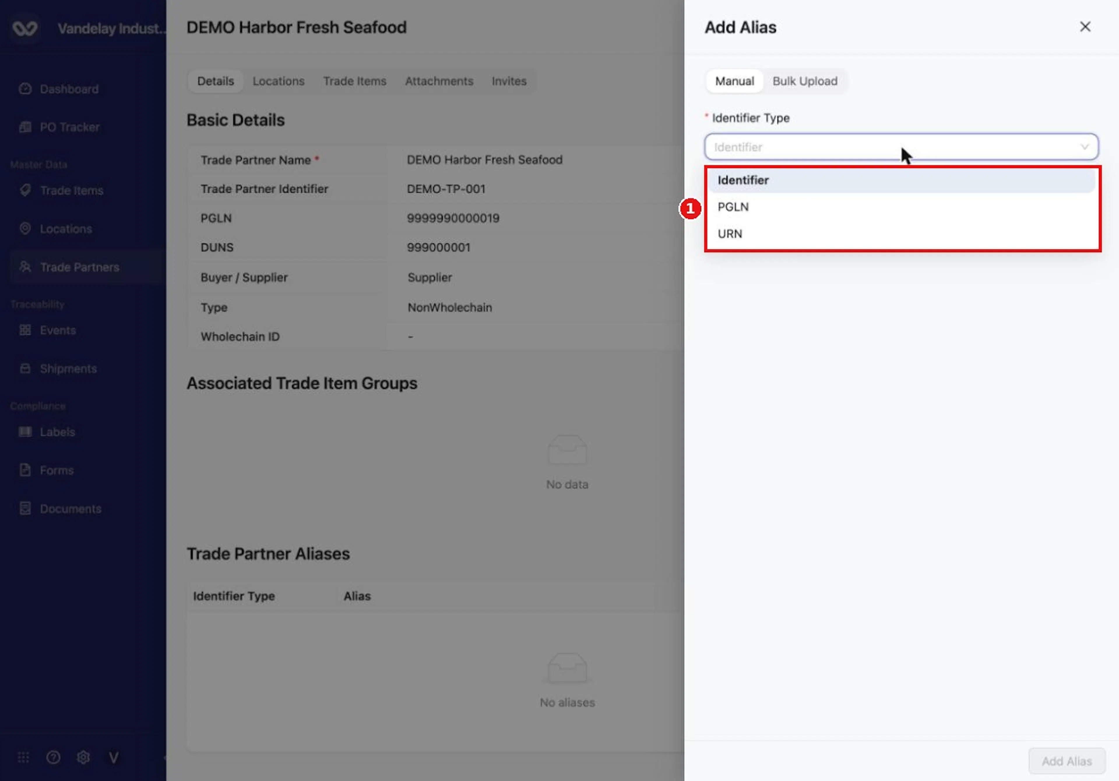 Identifier Type offers Identifier, PGLN and URN.