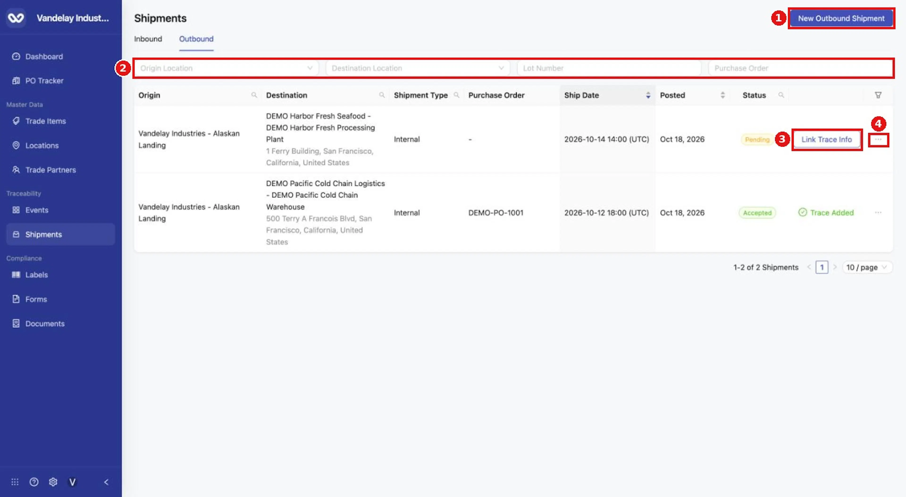 Shipments > Outbound lists outbound shipments with filters, a New Outbound Shipment button and a row menu.