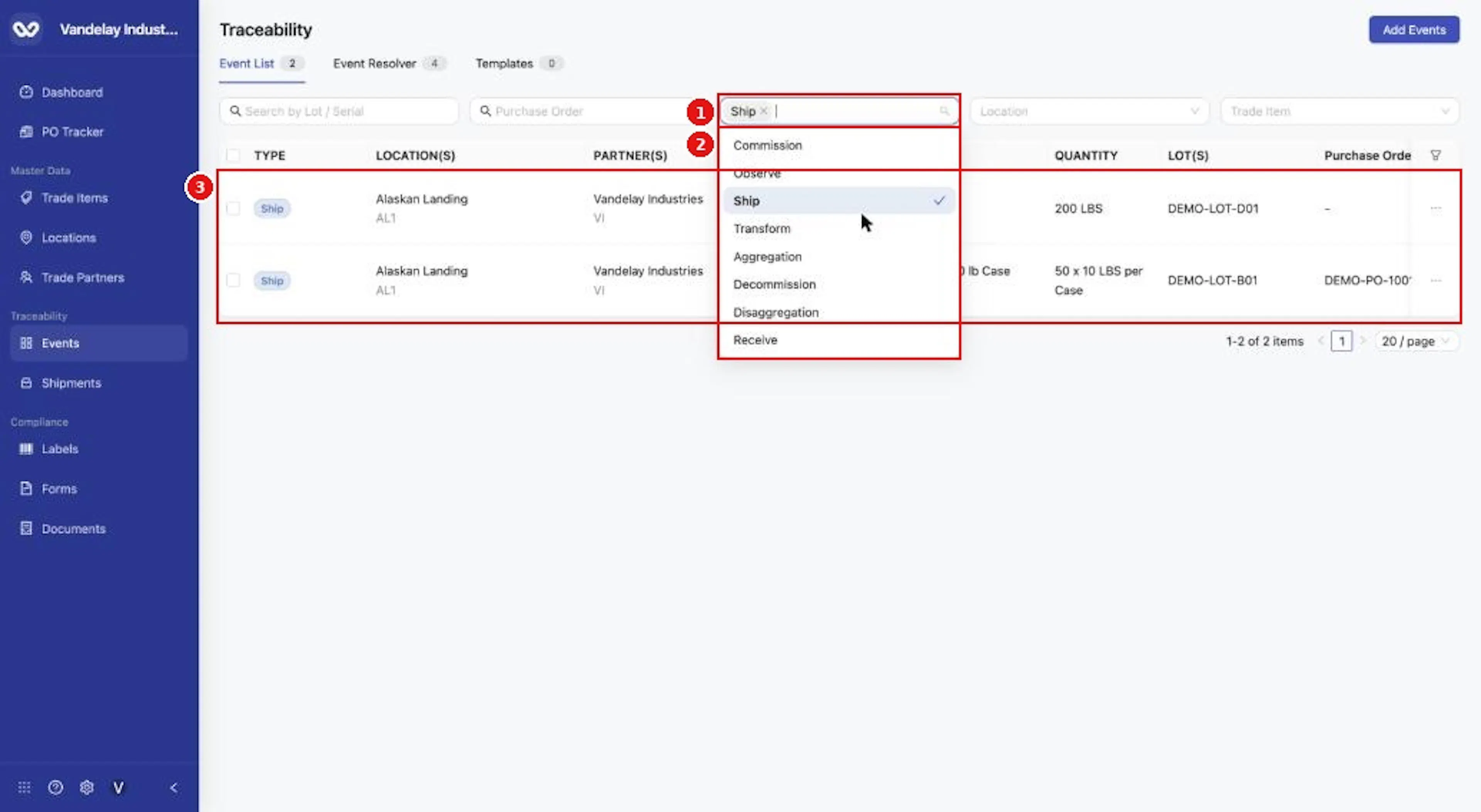 Filter by Event Type. You can pick more than one type.