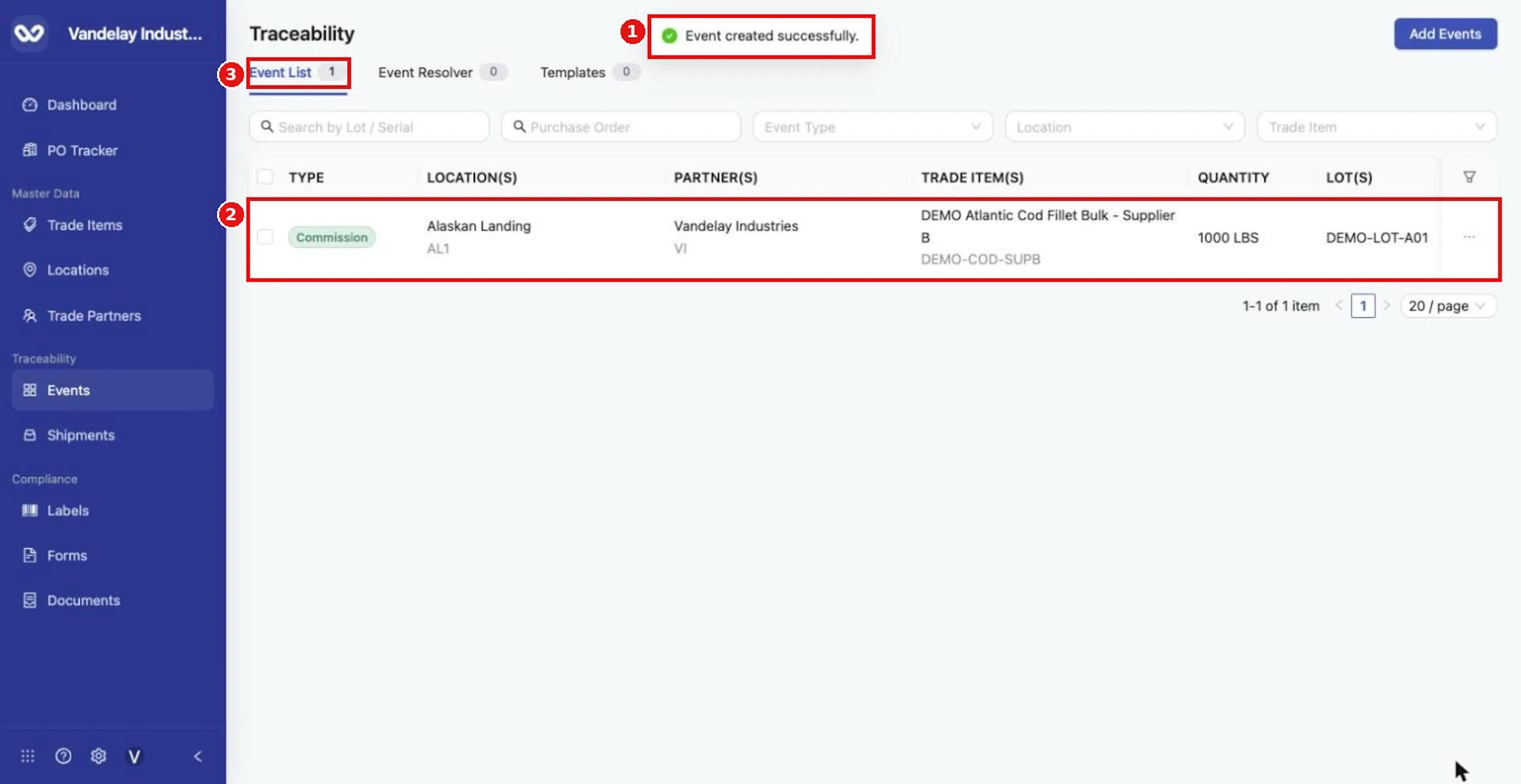 After Add Event, a confirmation appears and the new event is listed in the Event List.
