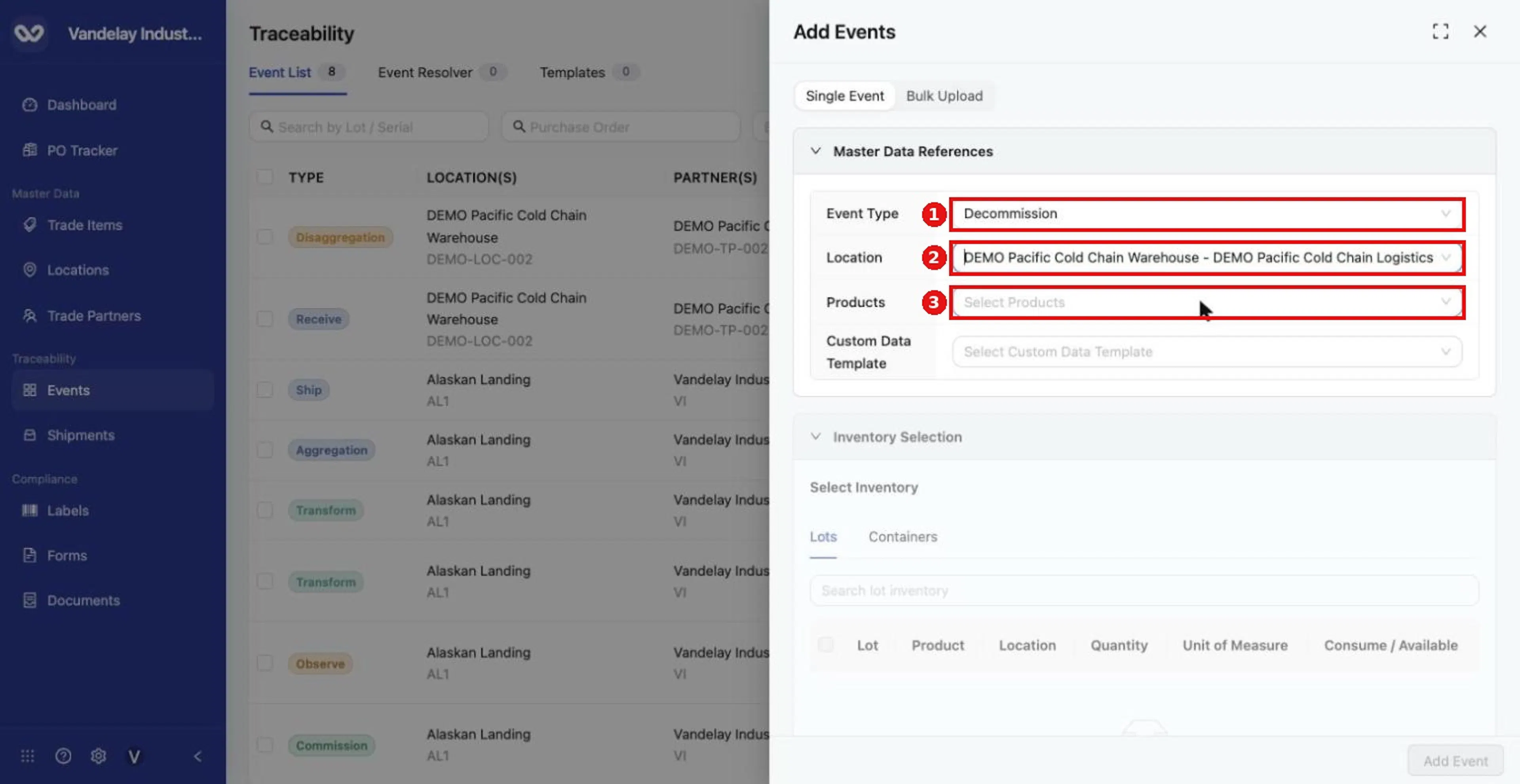 For a Decommission, choose Event Type Decommission and a Location, then Products.