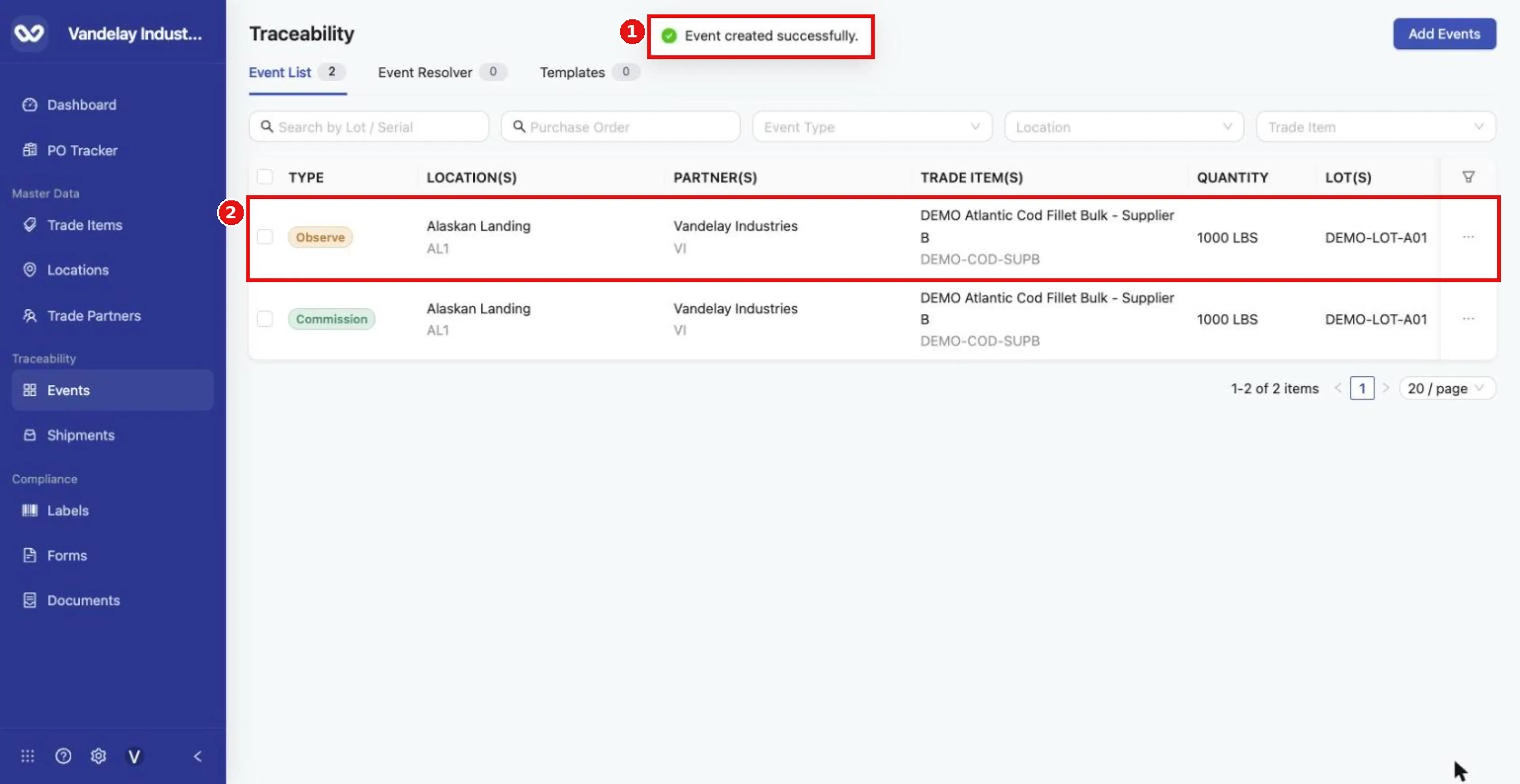 The Observe appears at the top of the Event List.