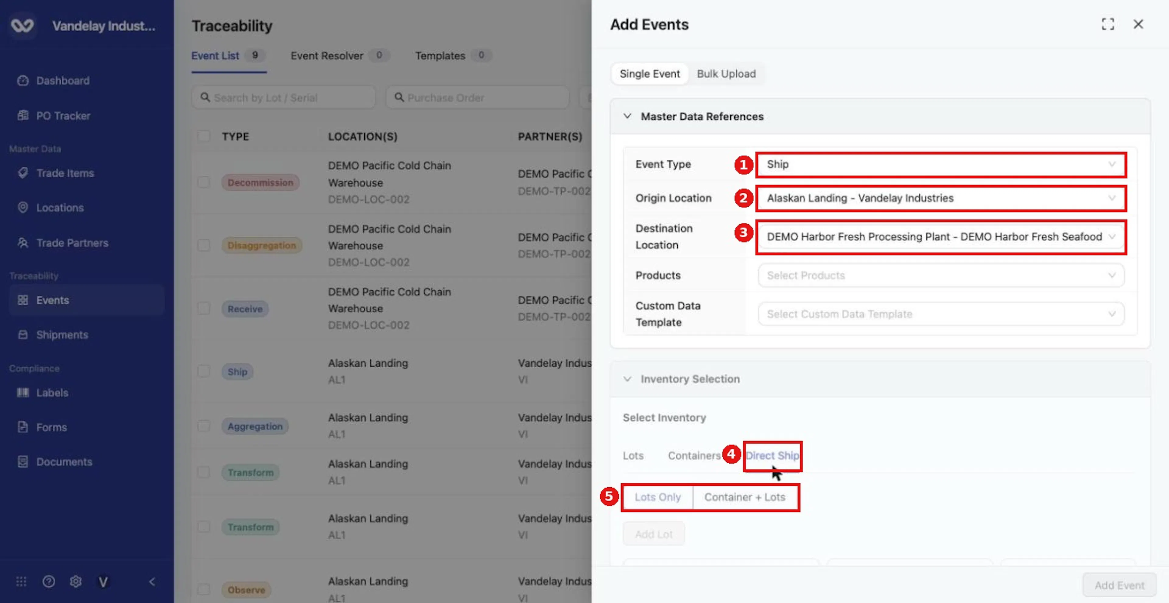 For a Direct Ship, choose Event Type Ship, Origin and Destination Locations, then open the Direct Ship tab. Lots Only and Container + Lots are the two entry modes.