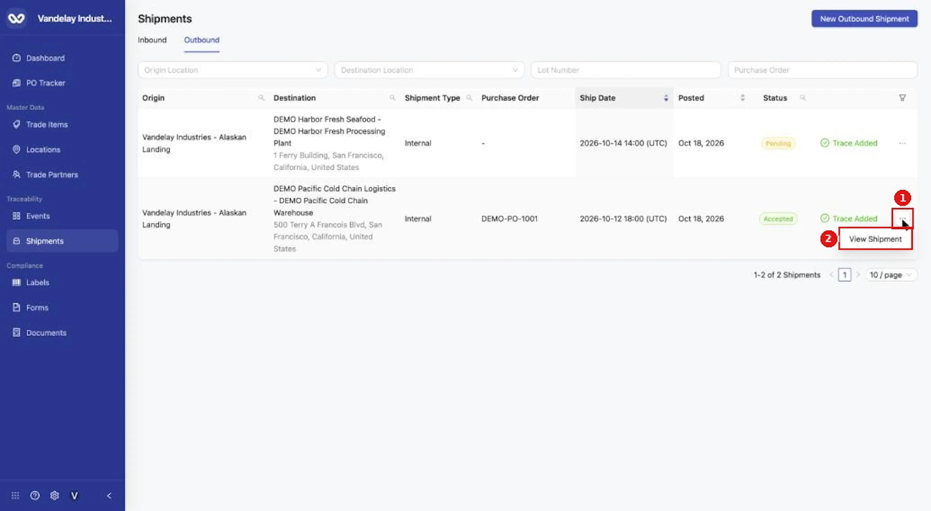 On Outbound, the row menu offers View Shipment.
