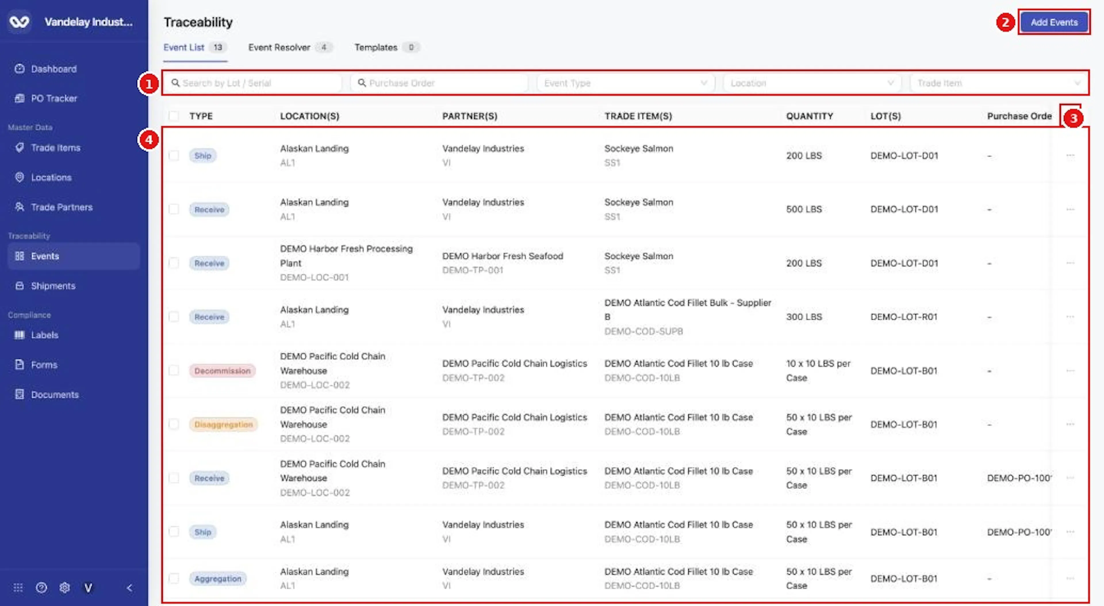 The Event List shows one row per event and lot. Use the filters above the table, Add Events, and the column icon.