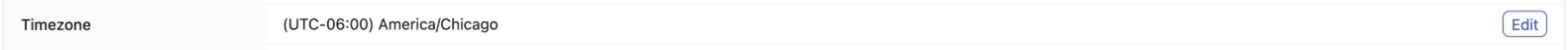 Account time zone shown under Settings > Account. New events default their Time Zone field to this value.
