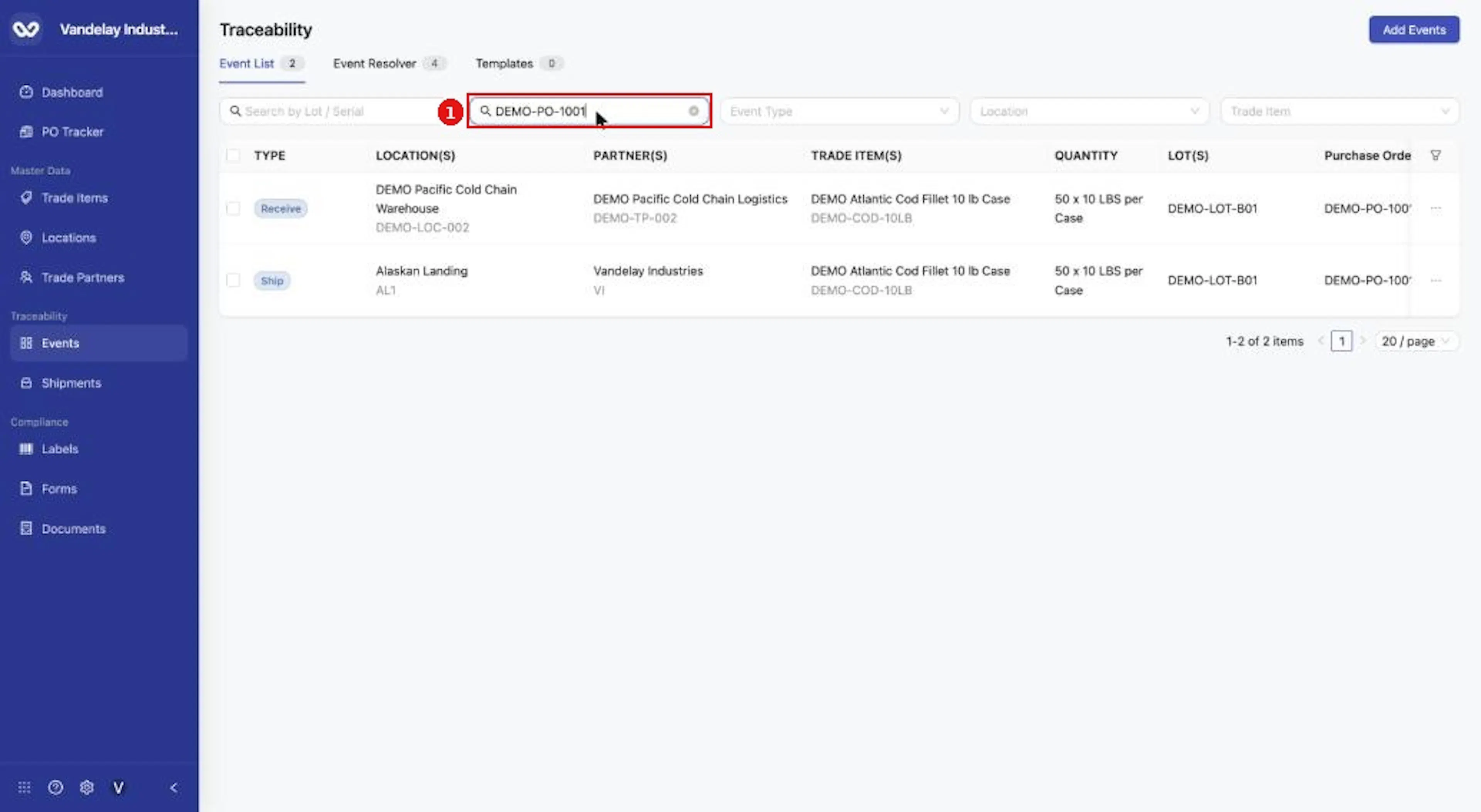 Search by Purchase Order to see events with that PO number.