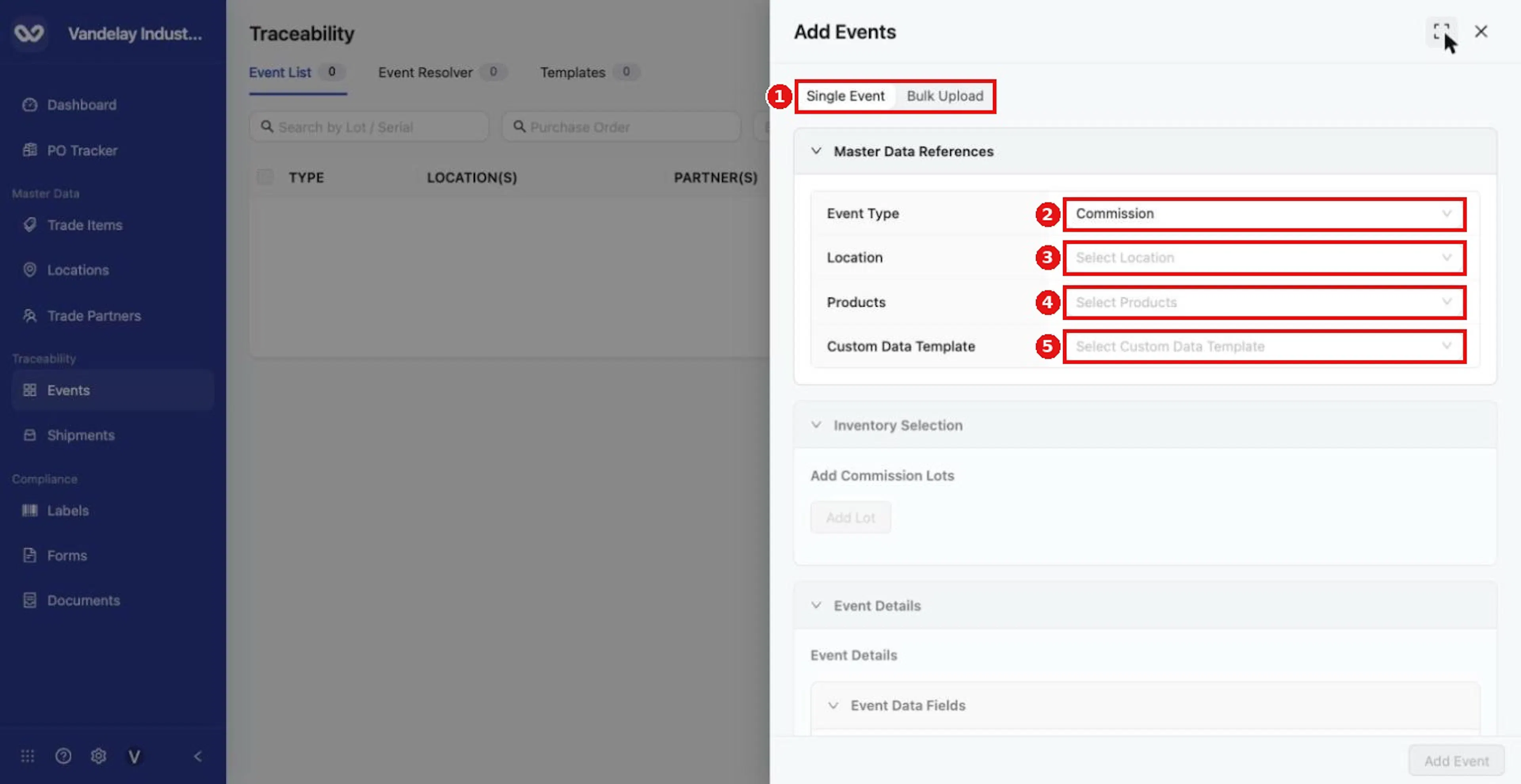 Select Add Events. The drawer opens with Single Event and Bulk Upload tabs and the Master Data References section.