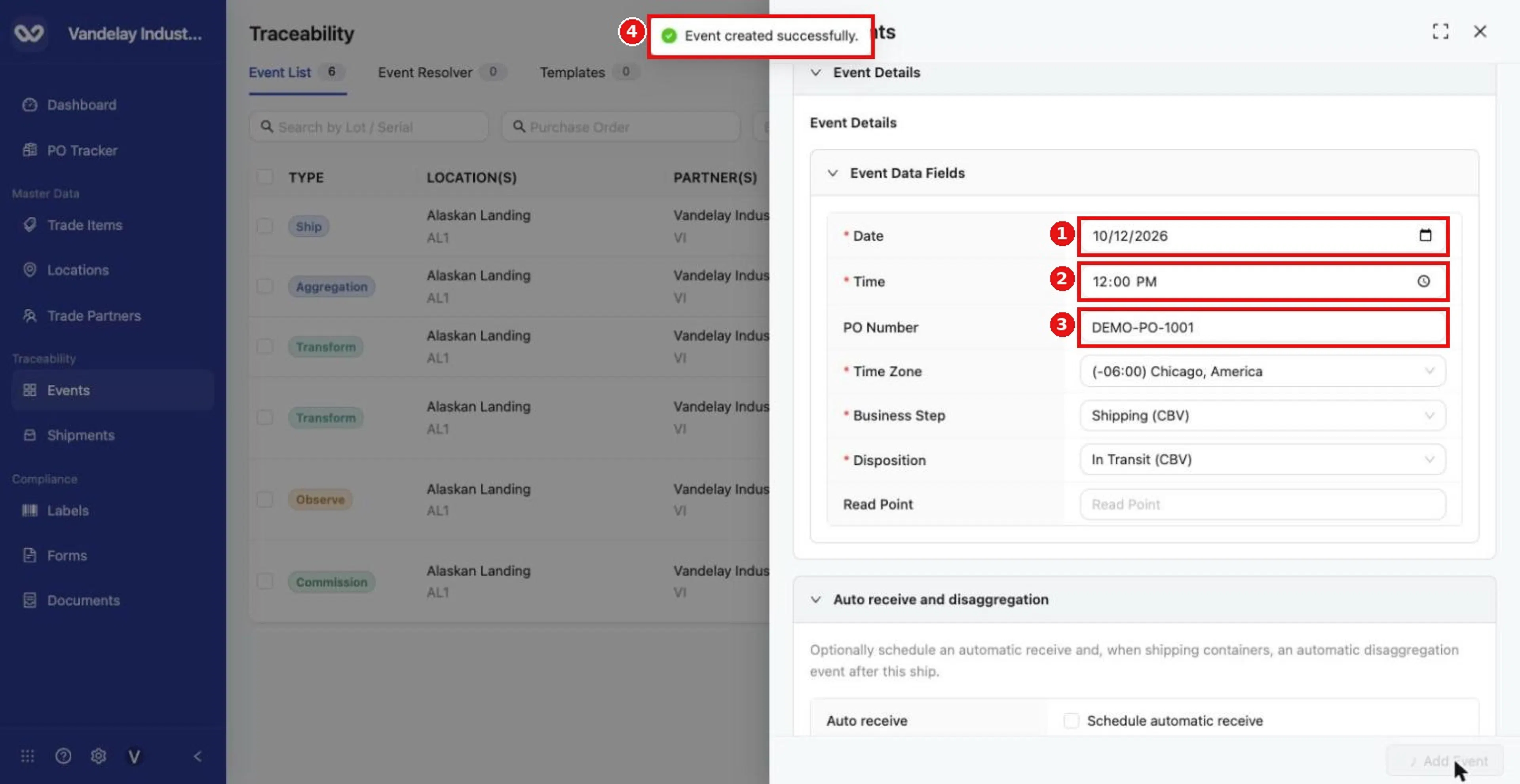 Enter the PO Number in Event Details, then add the event.