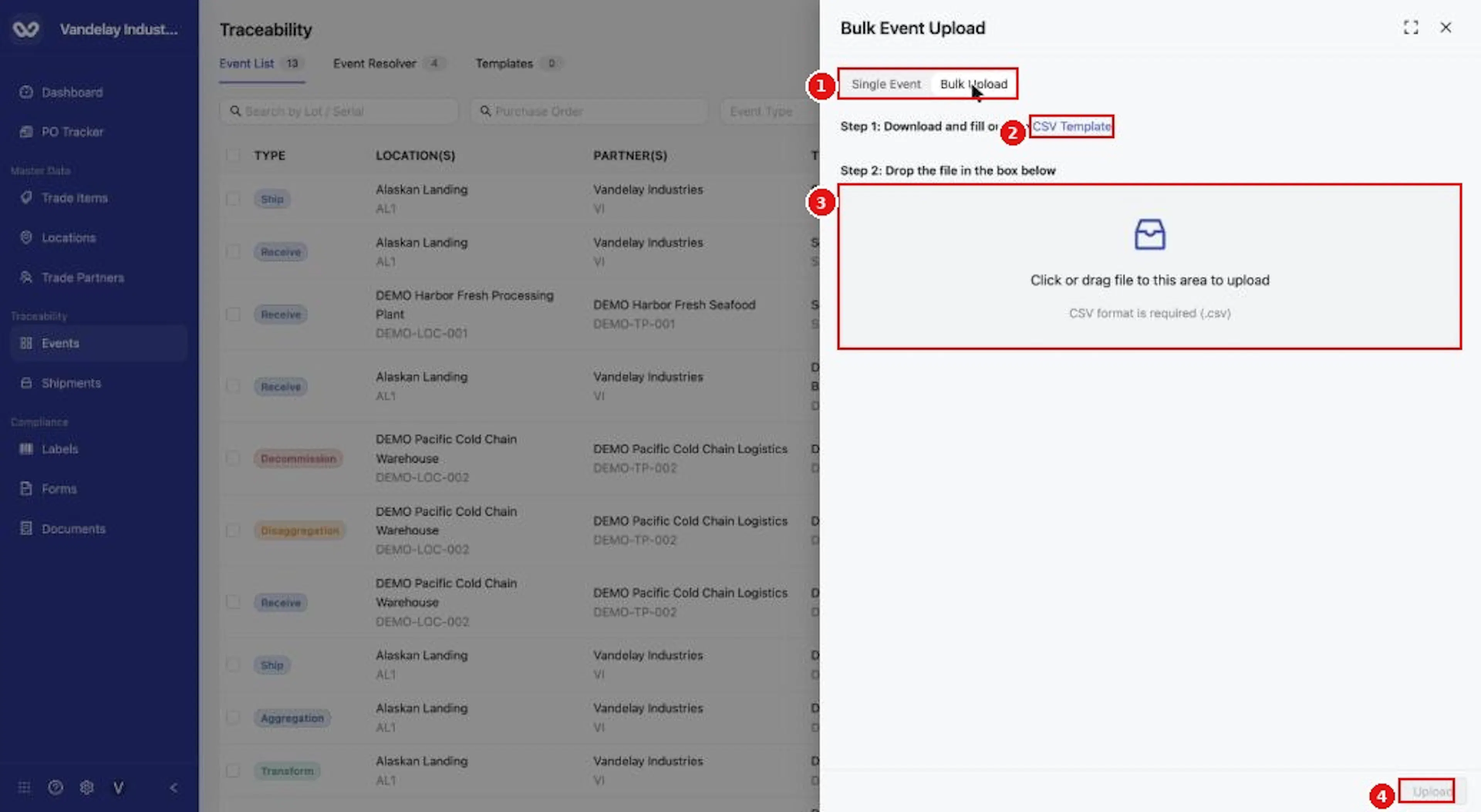 The Bulk Upload tab (Bulk Event Upload) offers a CSV Template link and a drop box. Bulk procedures are outside the scope of this guide.