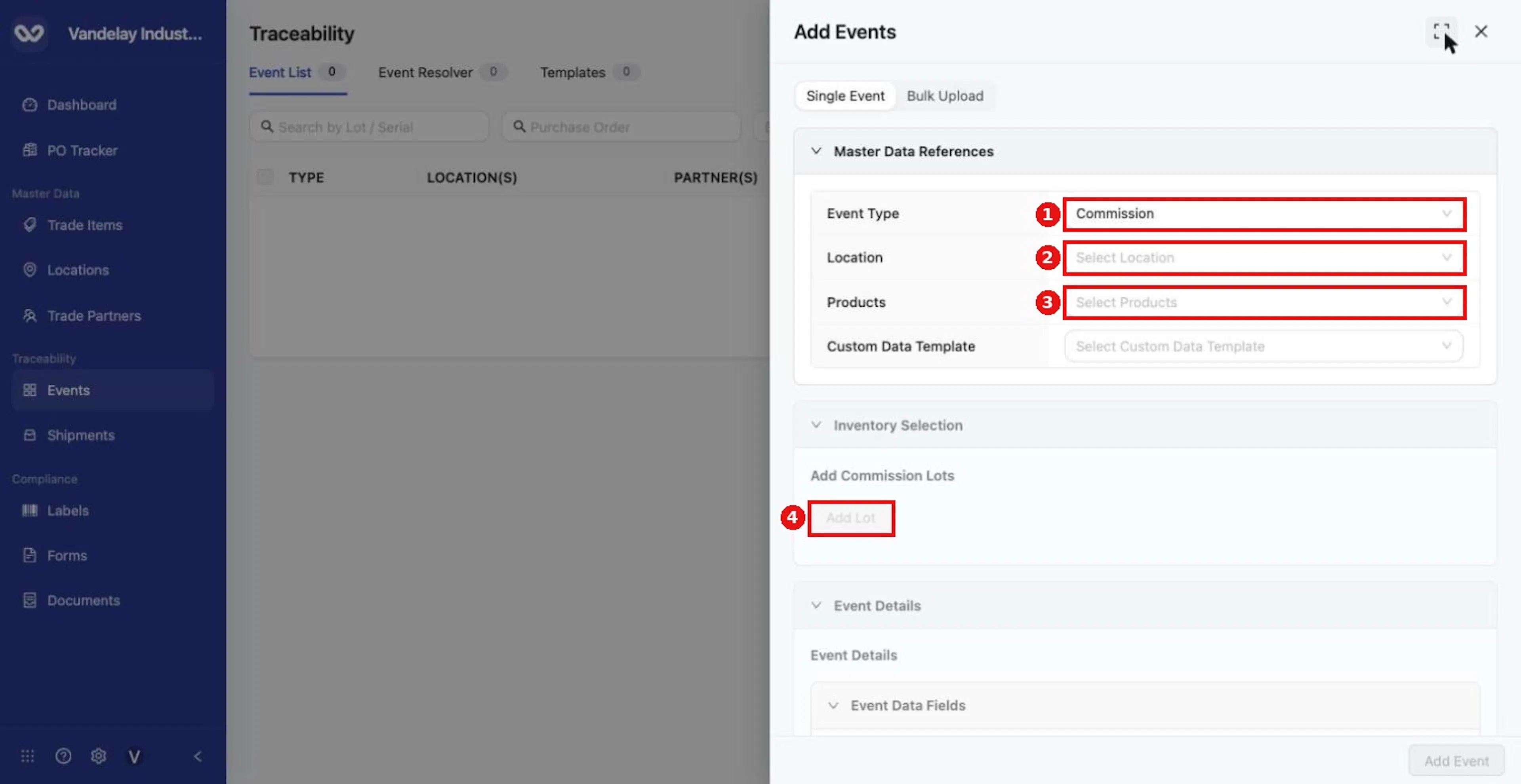 For a Commission, choose Event Type Commission, then a Location and Products. Commission lots are added with Add Lot once products are chosen.