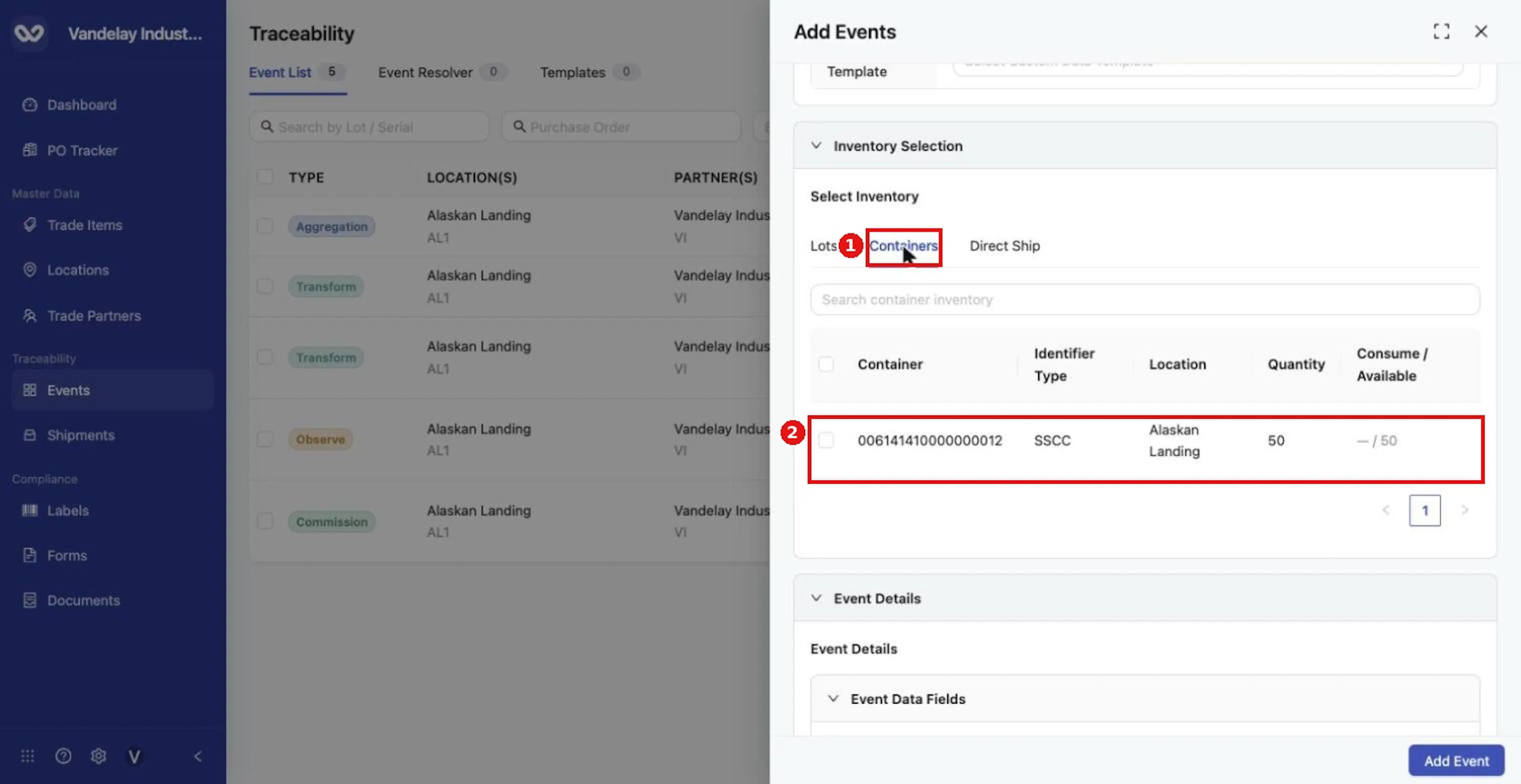 Use the Containers tab to ship a whole container. Select the container row.