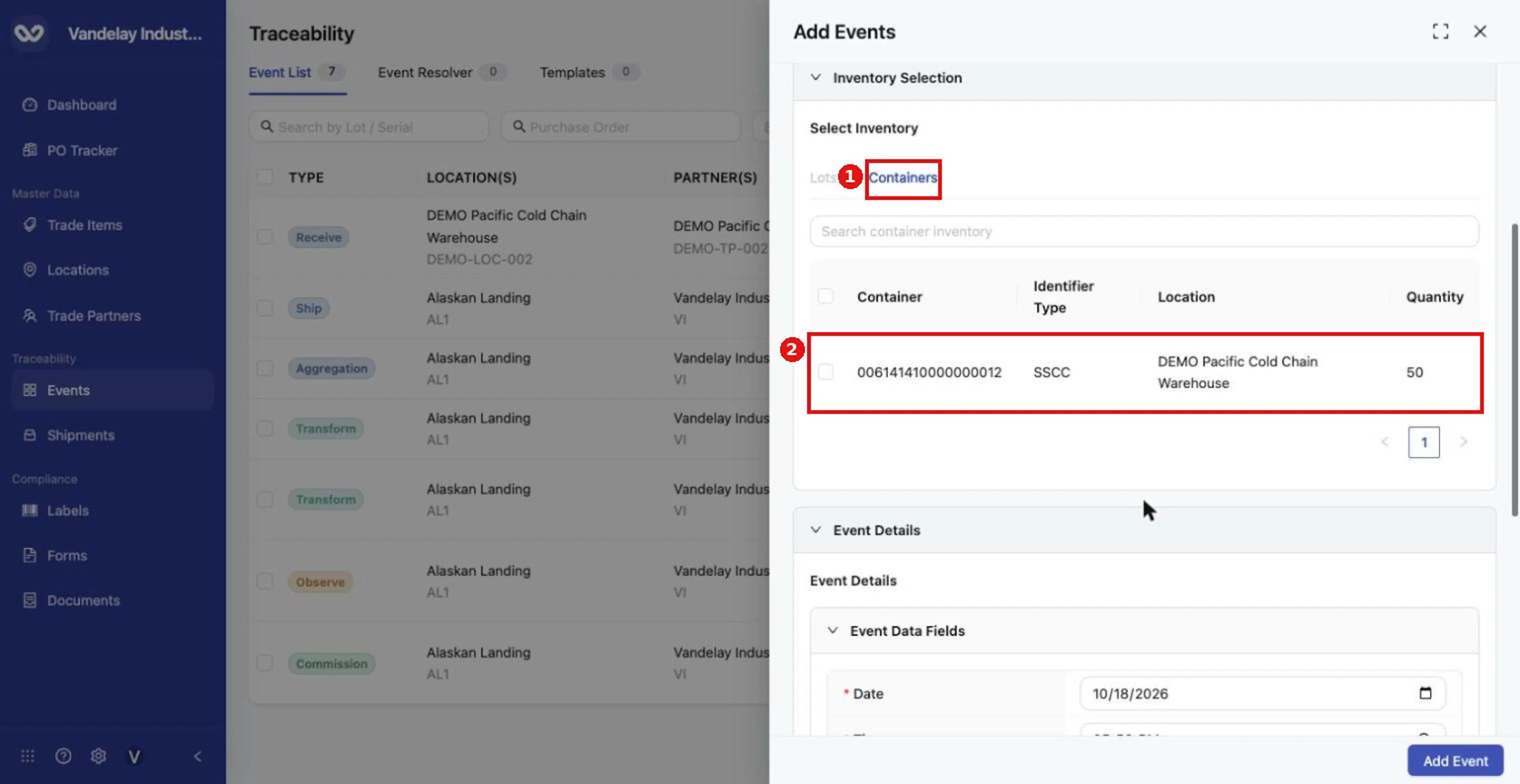 For a Disaggregation, open the Containers tab and select the container to unpack.