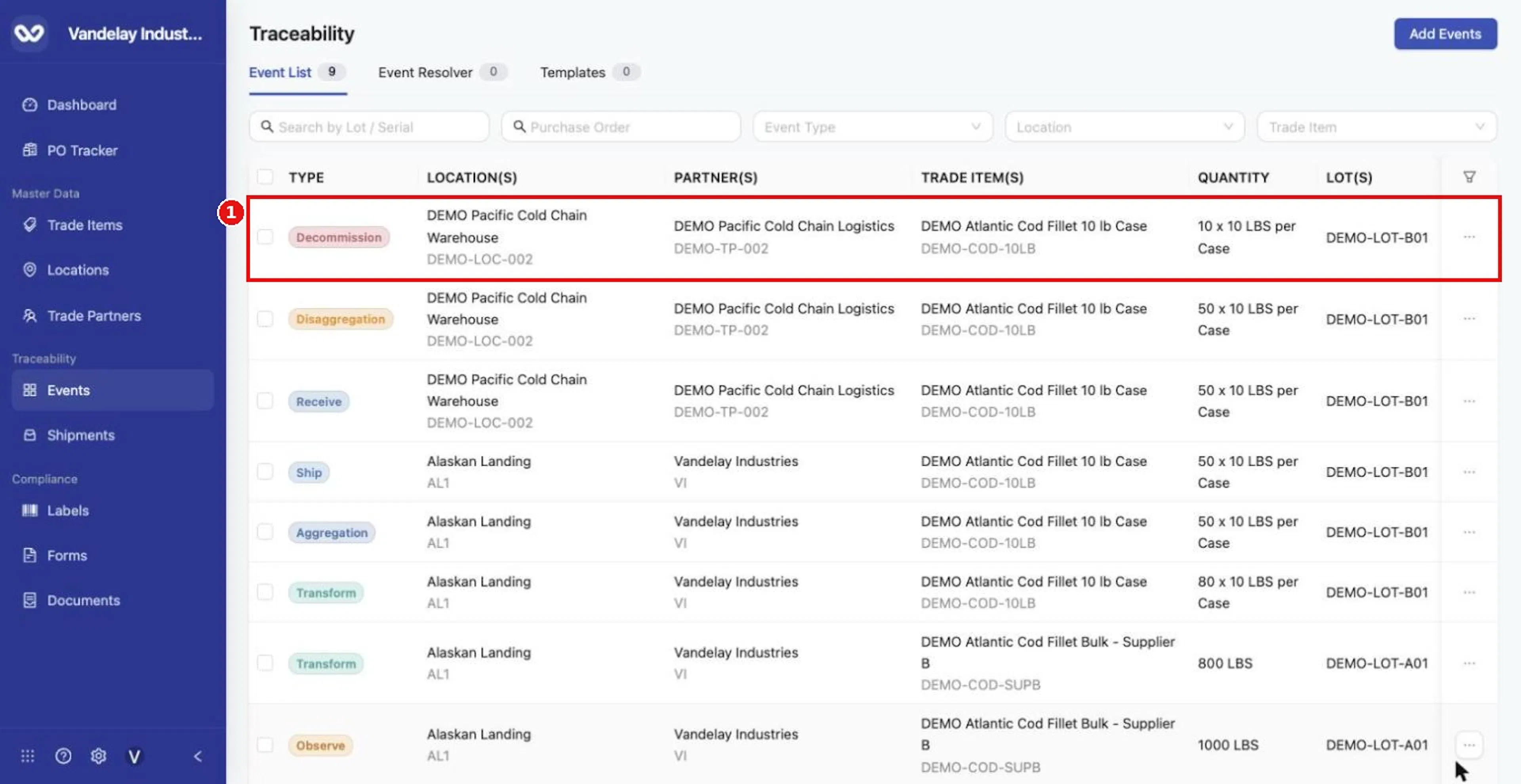 The Decommission appears at the top of the Event List.