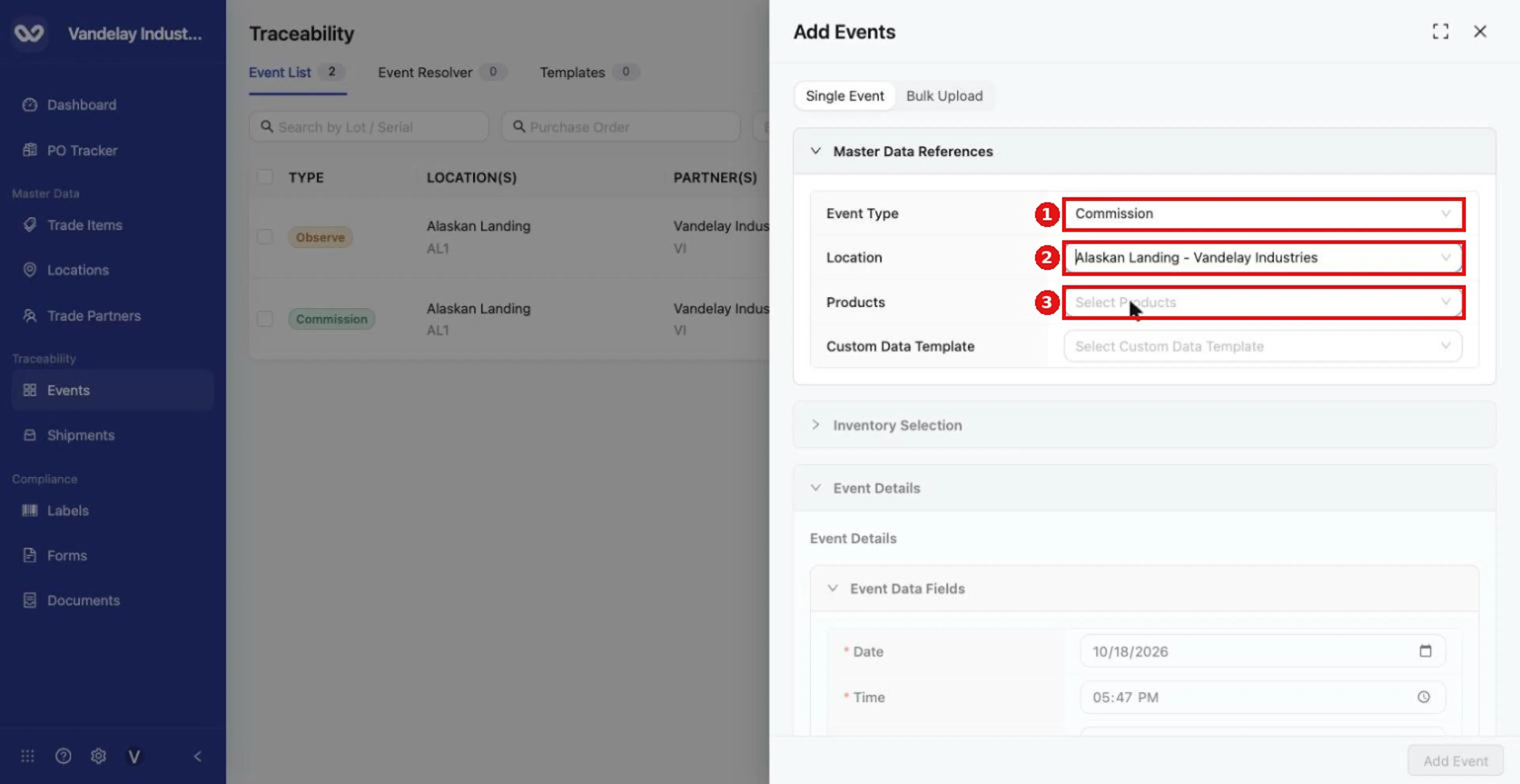 Start from the Master Data References section of the Add Events drawer, then choose Transform as the Event Type.
