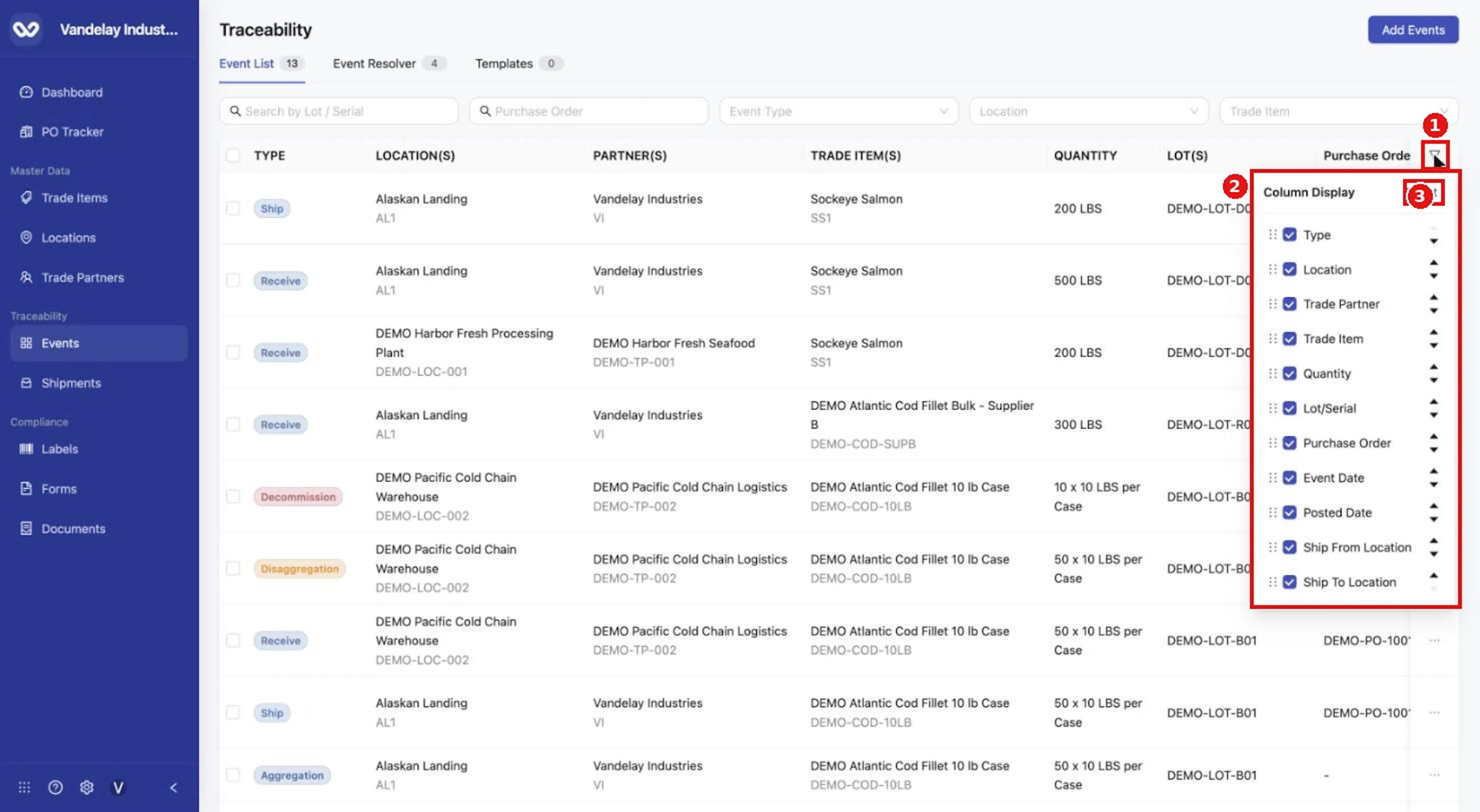 Select the column icon to show, hide or reorder columns. Reset restores the defaults.