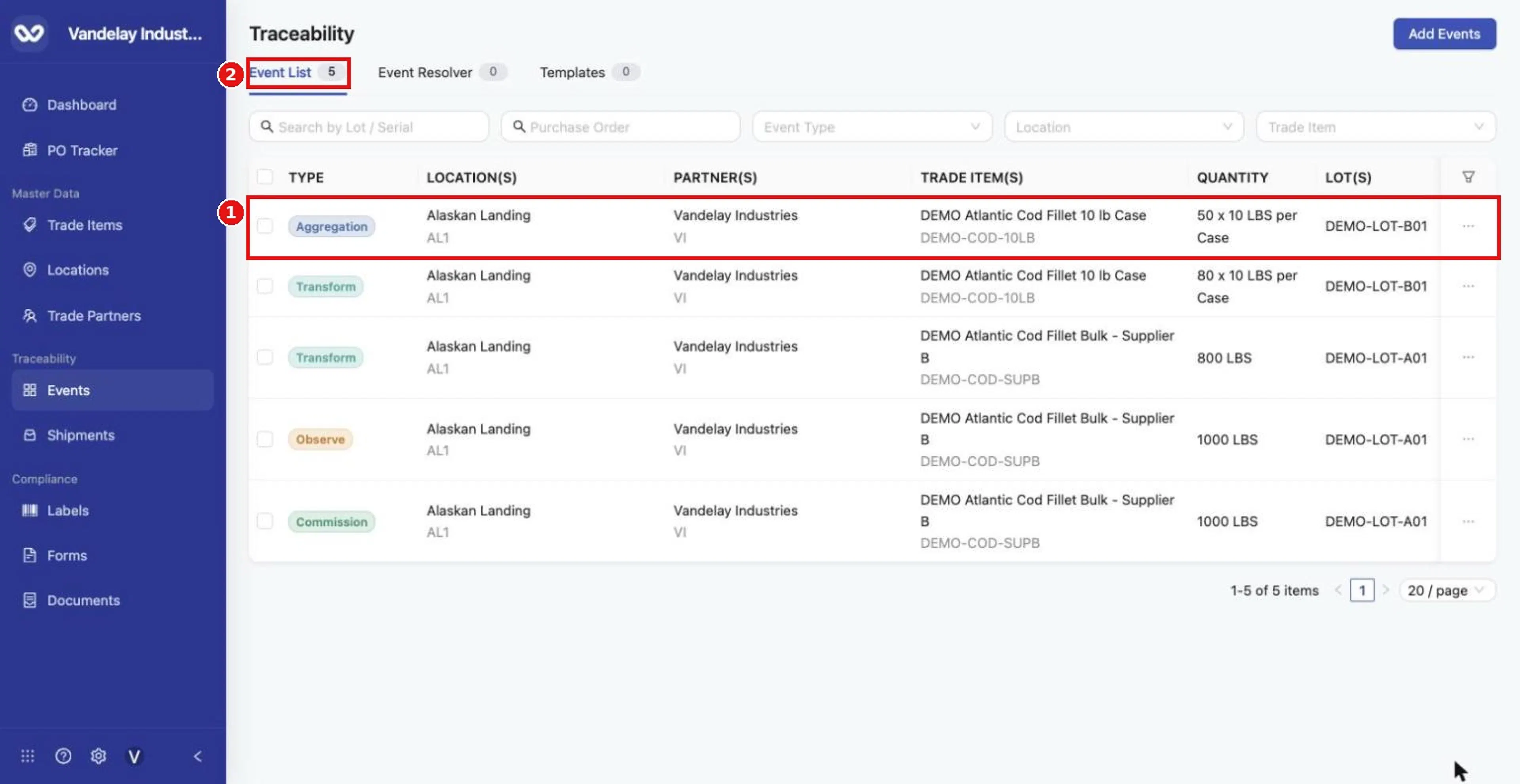 The Aggregation appears in the Event List with the quantity that was packed.