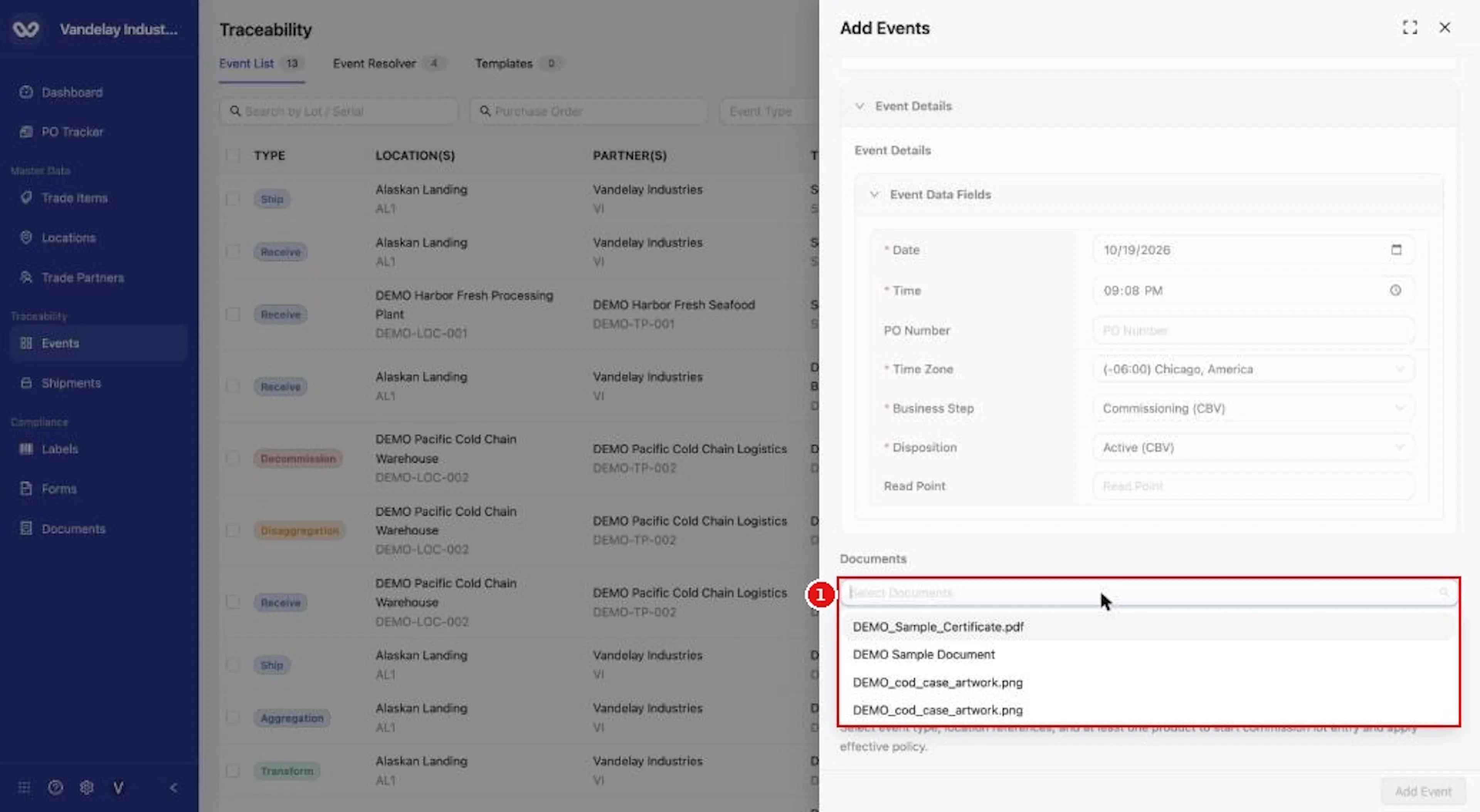 In Documents, open Select Documents to attach a document that already exists in Wholechain.