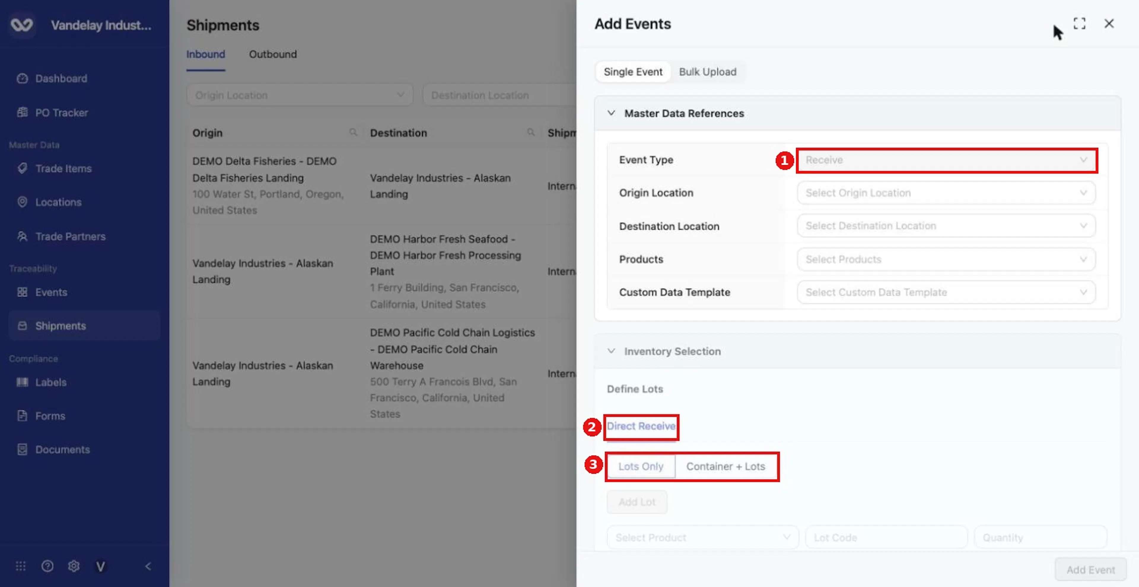 New Inbound Shipment opens the Add Events drawer with Event Type fixed to Receive and Direct Receive as the way to define lots.