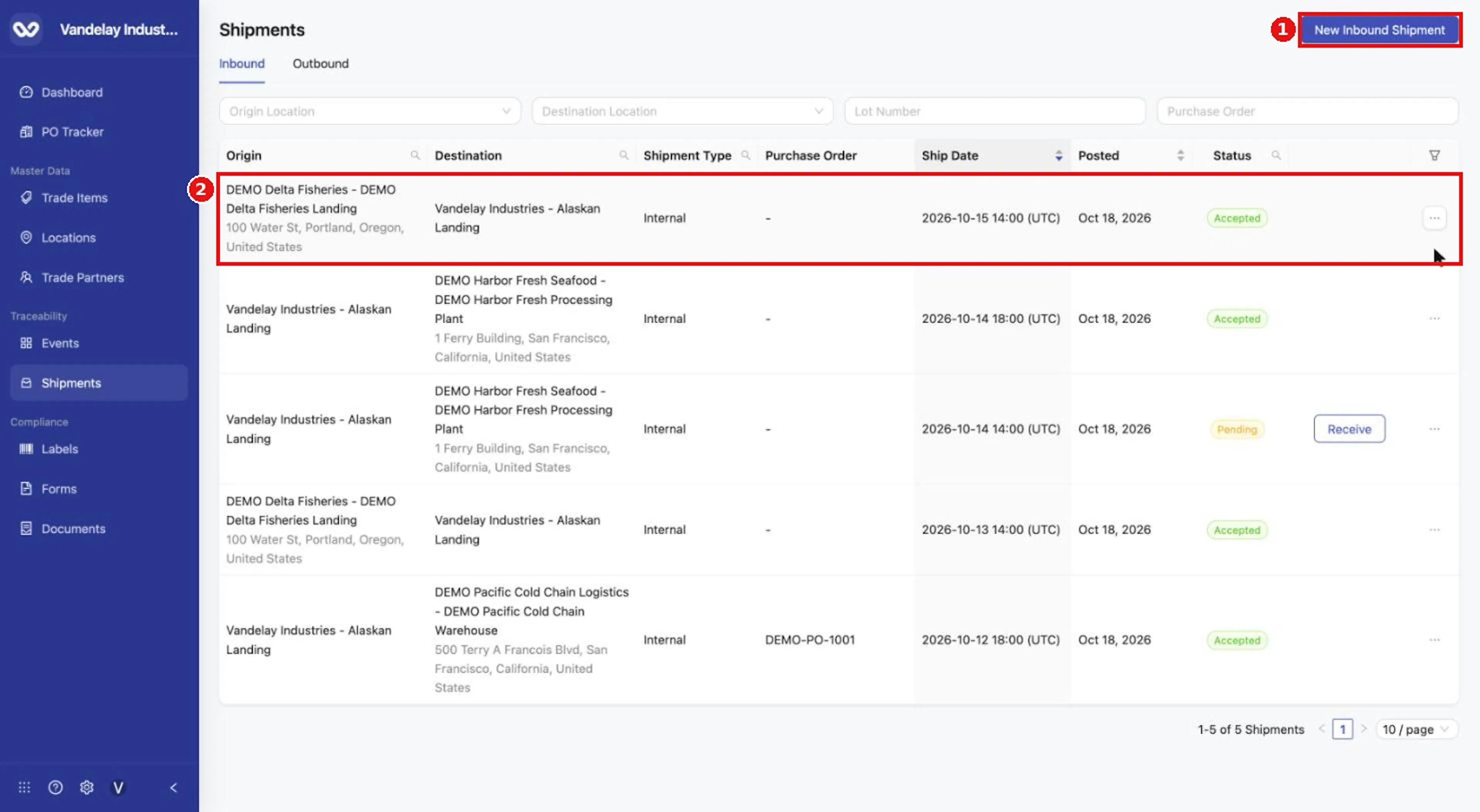 A Direct Receive also appears as a row on Shipments > Inbound.