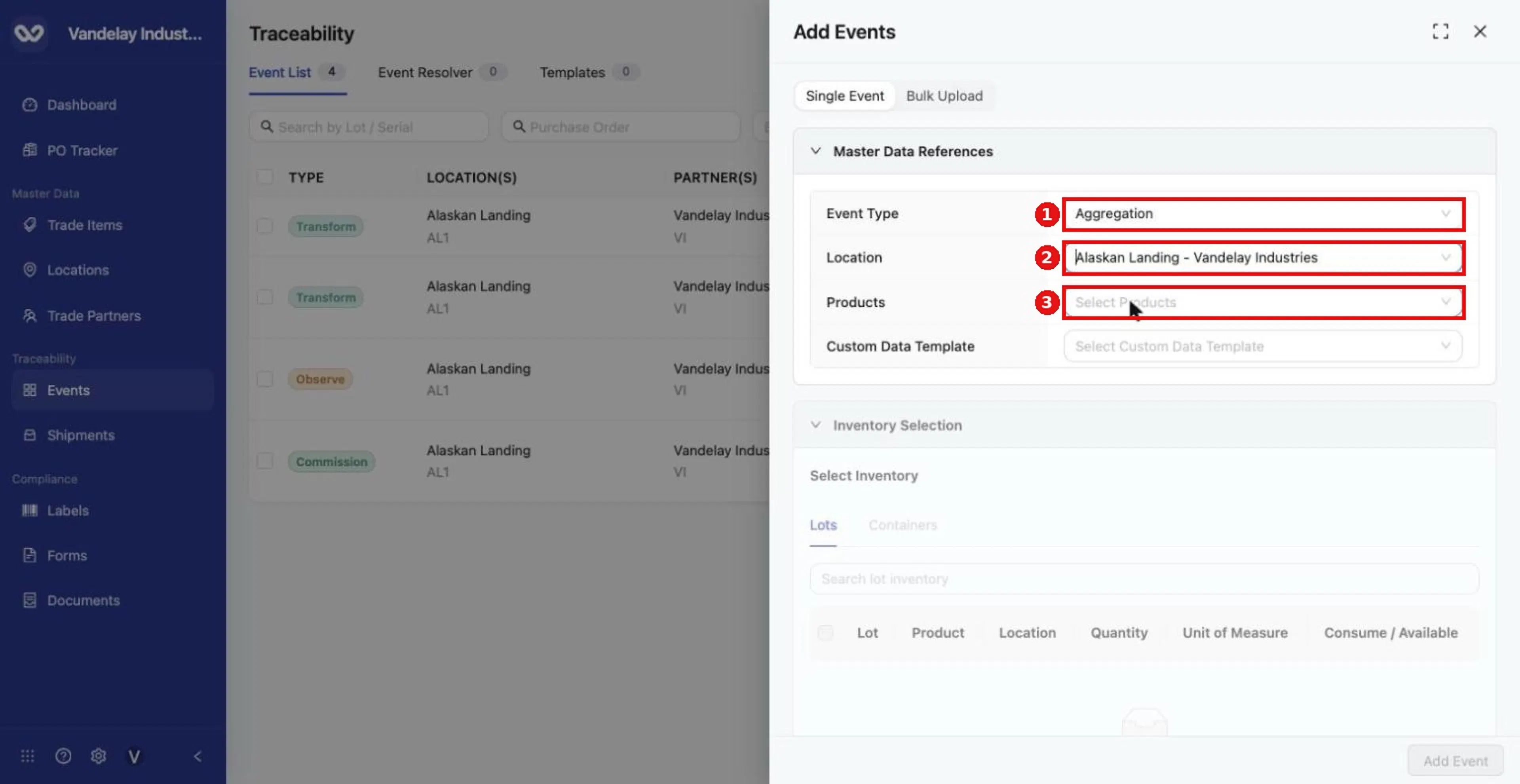 For an Aggregation, choose Event Type Aggregation, a Location and Products.