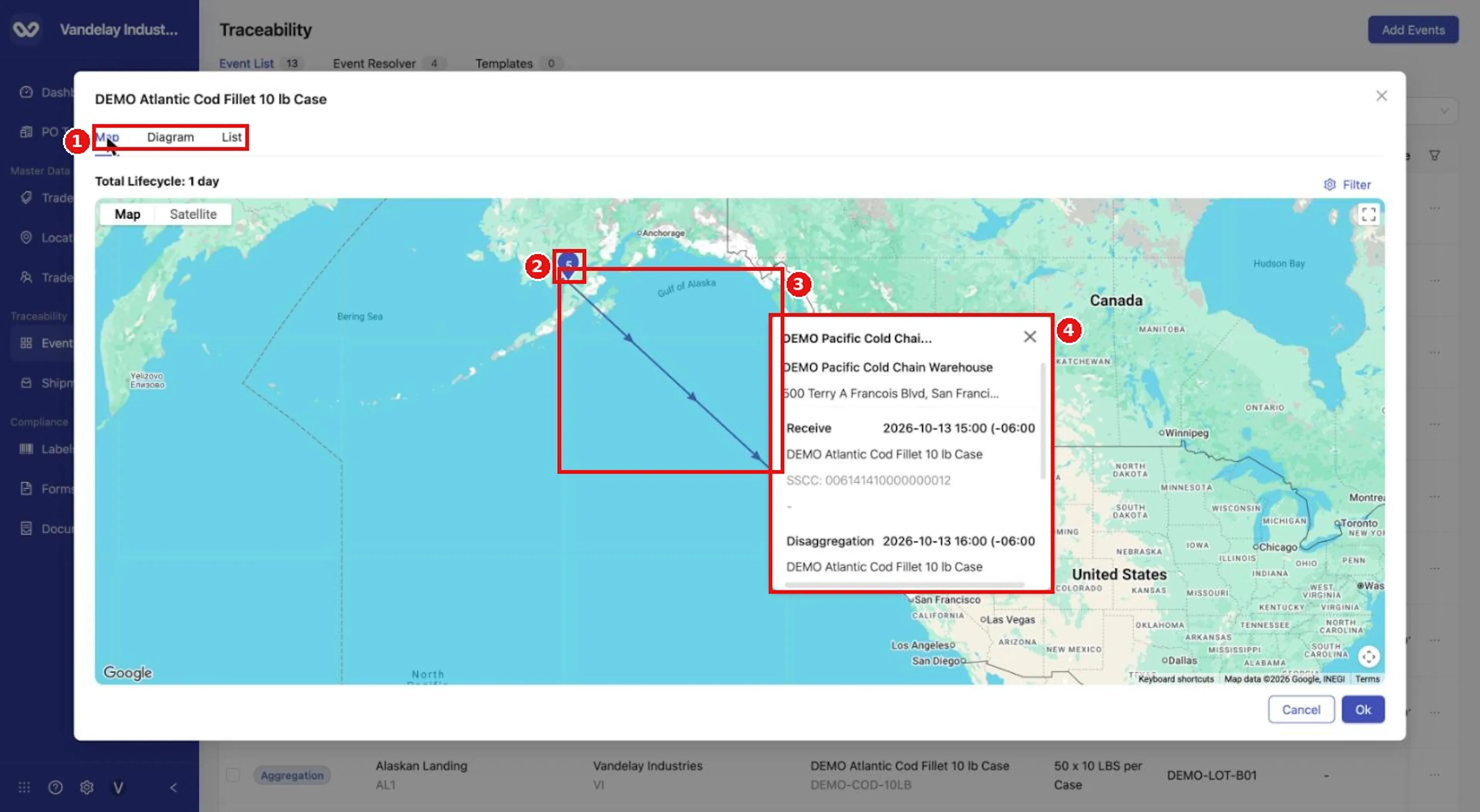 Clicking a trade-item row opens the same window for the product. The map shows the full route; the badge shows how many events sit at a location.