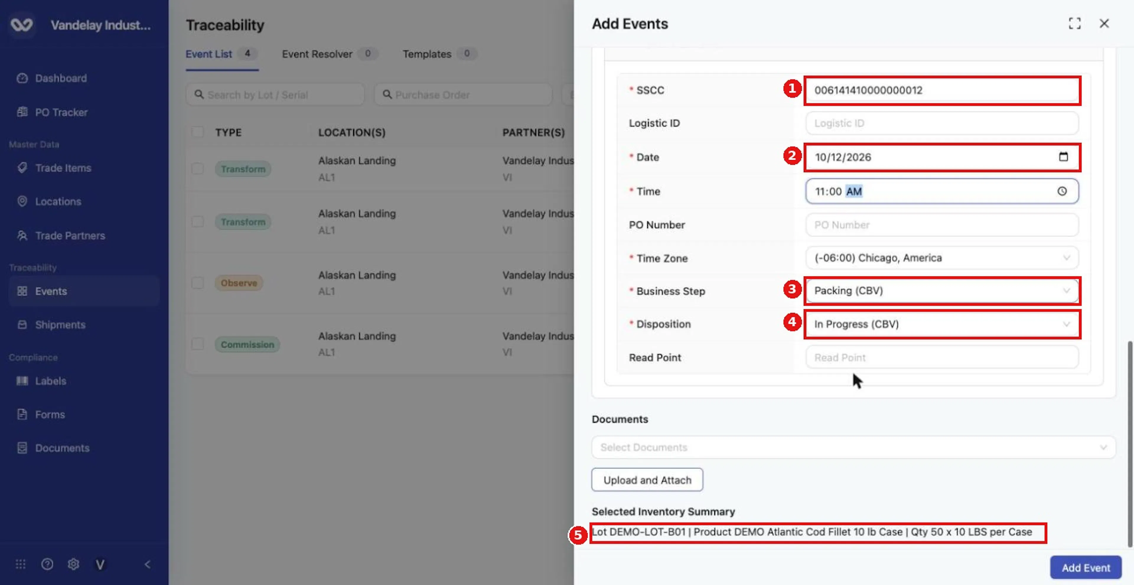 Enter the 18-digit SSCC, then set Date, Time, Business Step and Disposition. Check the Selected Inventory Summary before you add the event.