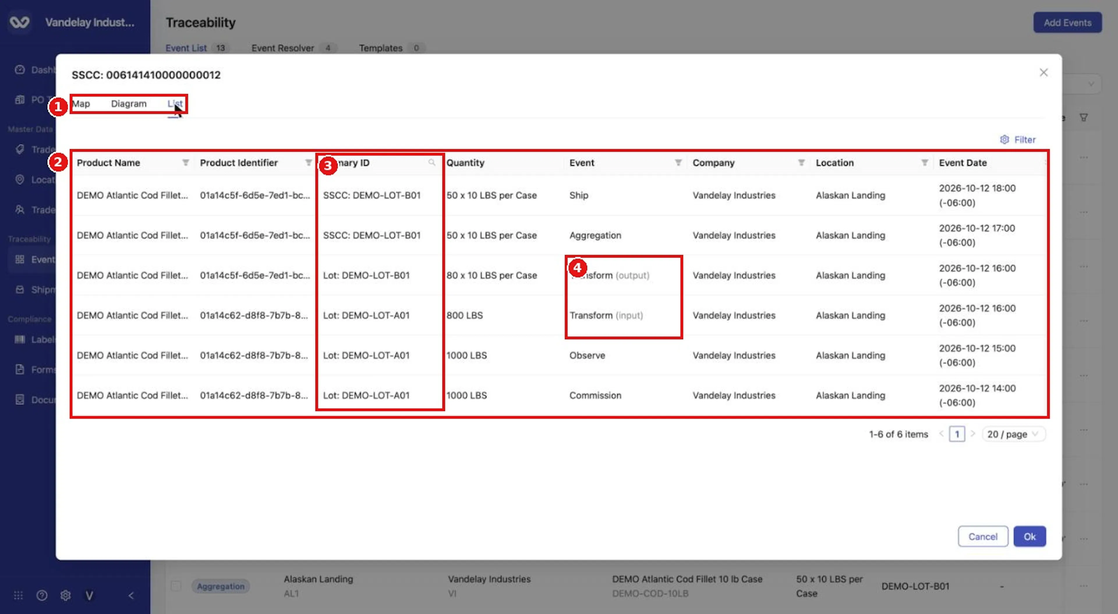 The List tab lists every lot in the chain and the event that used it. Transform rows are labelled (input) and (output).