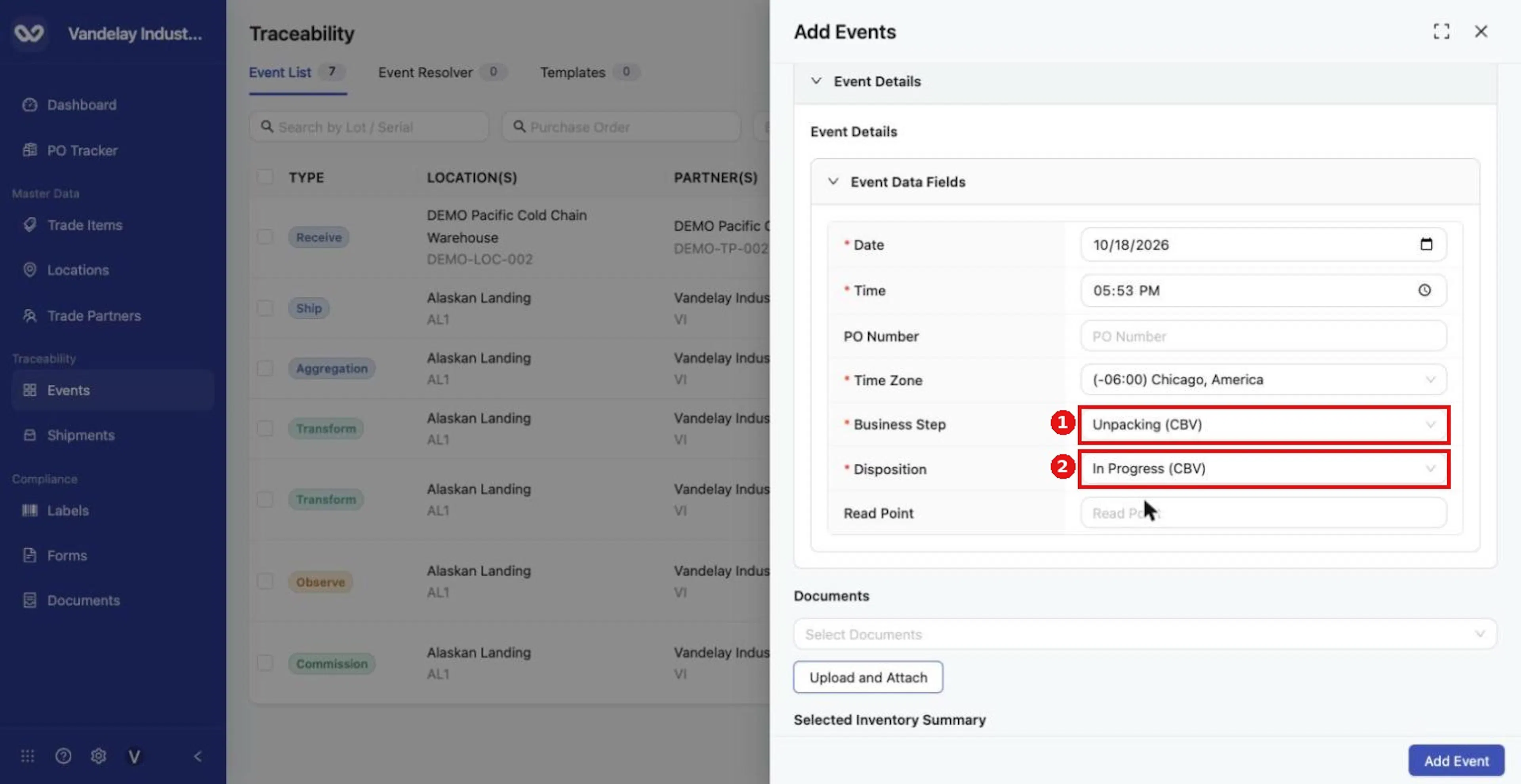 Set the event details. Business Step for this demonstration is Unpacking (CBV).
