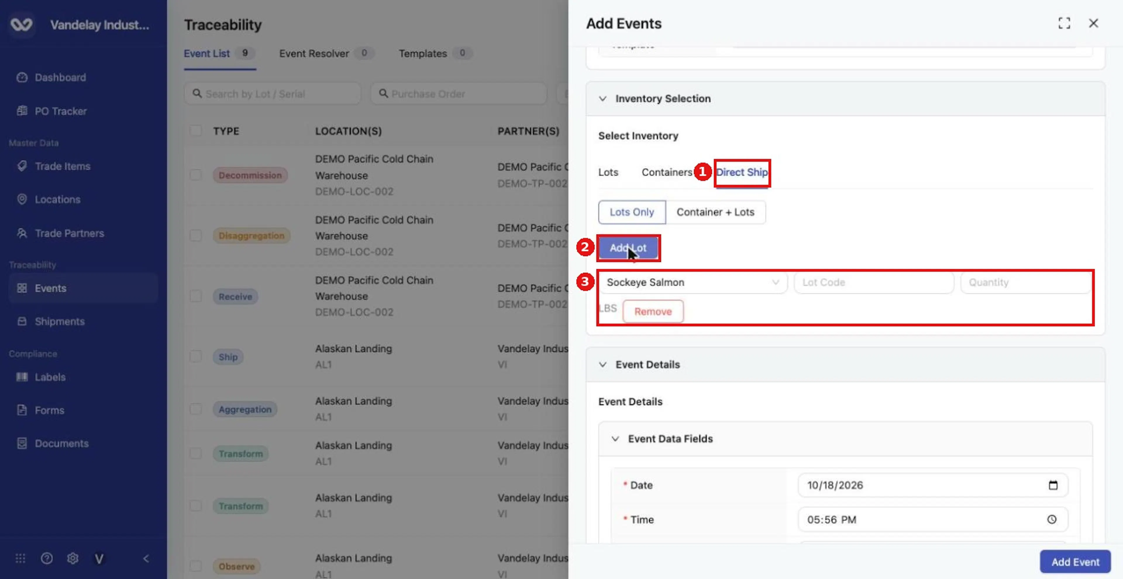 Select Add Lot, choose the product, then enter a Lot Code and Quantity.